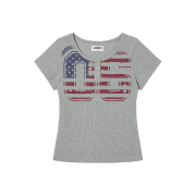 AEAE Usa Banner Henly Neck Tee Melange Grey