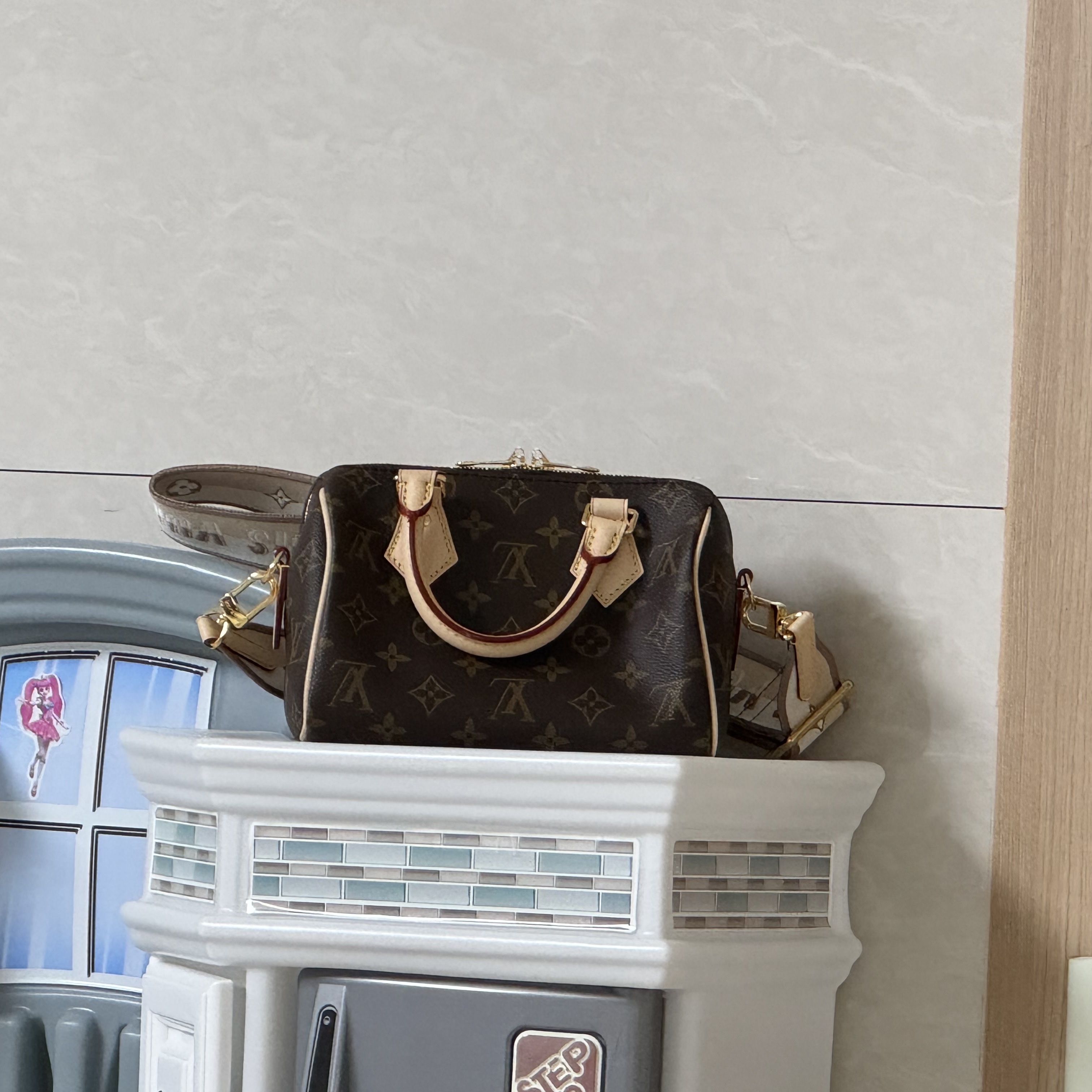 Louis Vuitton Speedy Bandouliere 20 Monogram Beige 착용 스타일