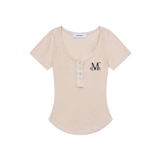 P00000WU_03 MUCENT Haring Signature Logo Snap Button U-Neck Half T Beige