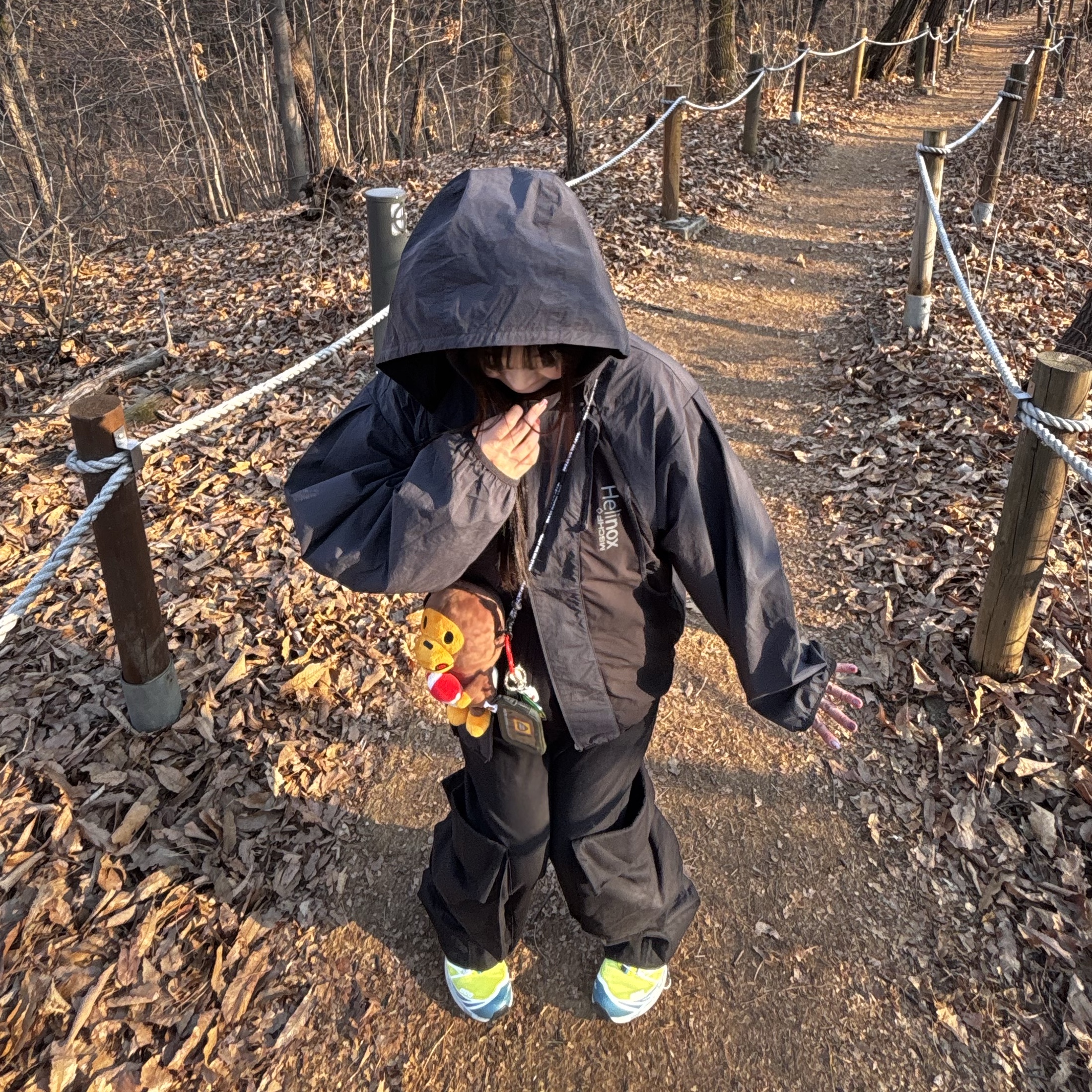 (W) Mischief x Helinox Lightweight Windbreaker Black, BAPE Baby Milo Plush Mobile Bag Brown 착용 스타일