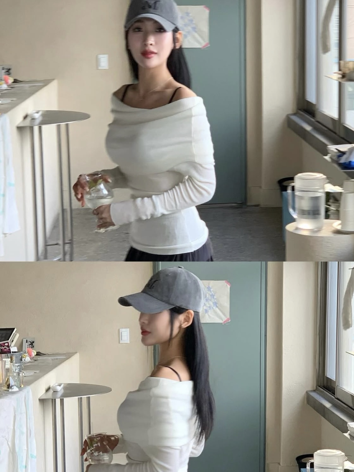 무센트 시그니처 볼캡 다잉 그레이 데님 착용 스타일 - 2