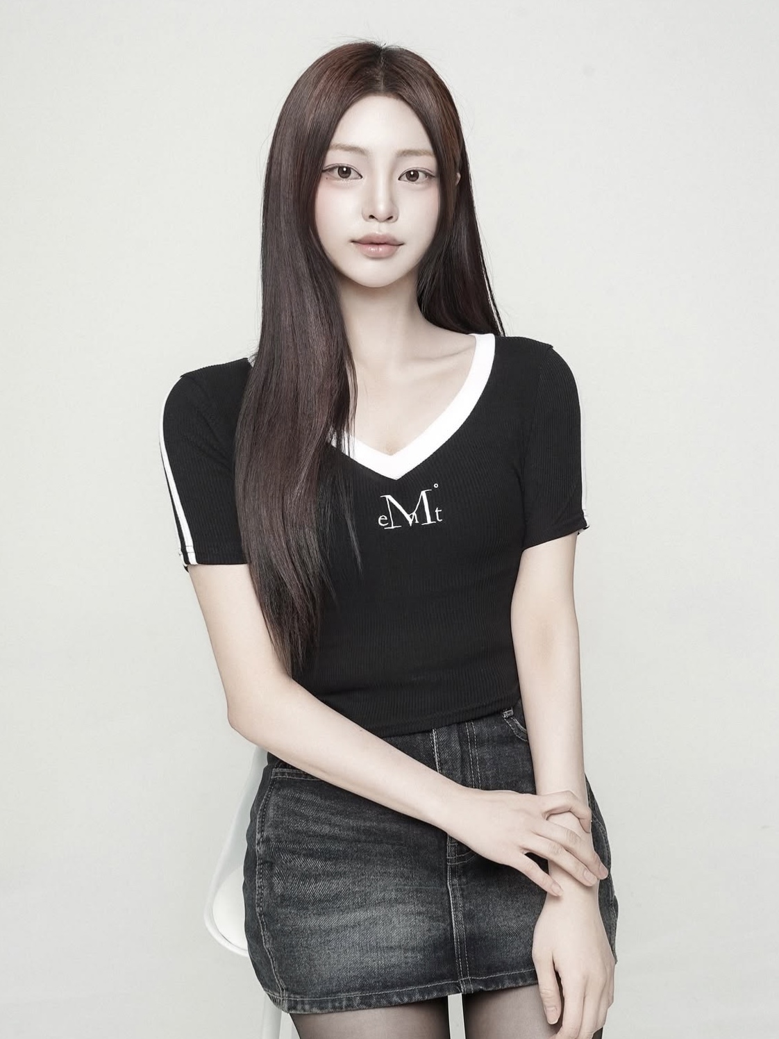 MUCENT Binding Track Line Half Sleeve T Black 착용 스타일 - 2