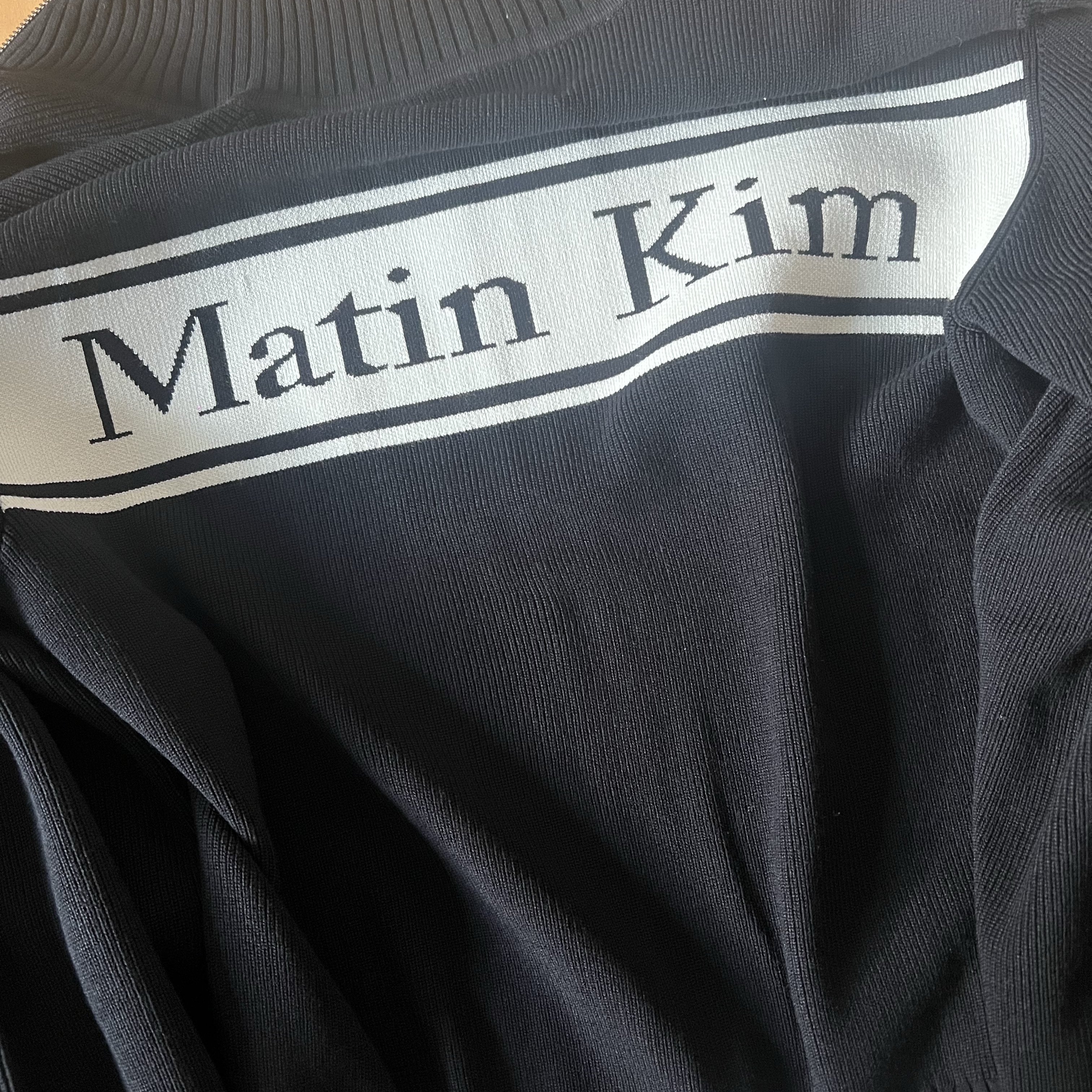 Matin Kim Spell Point Stripe Knit Cardigan Black 착용 스타일