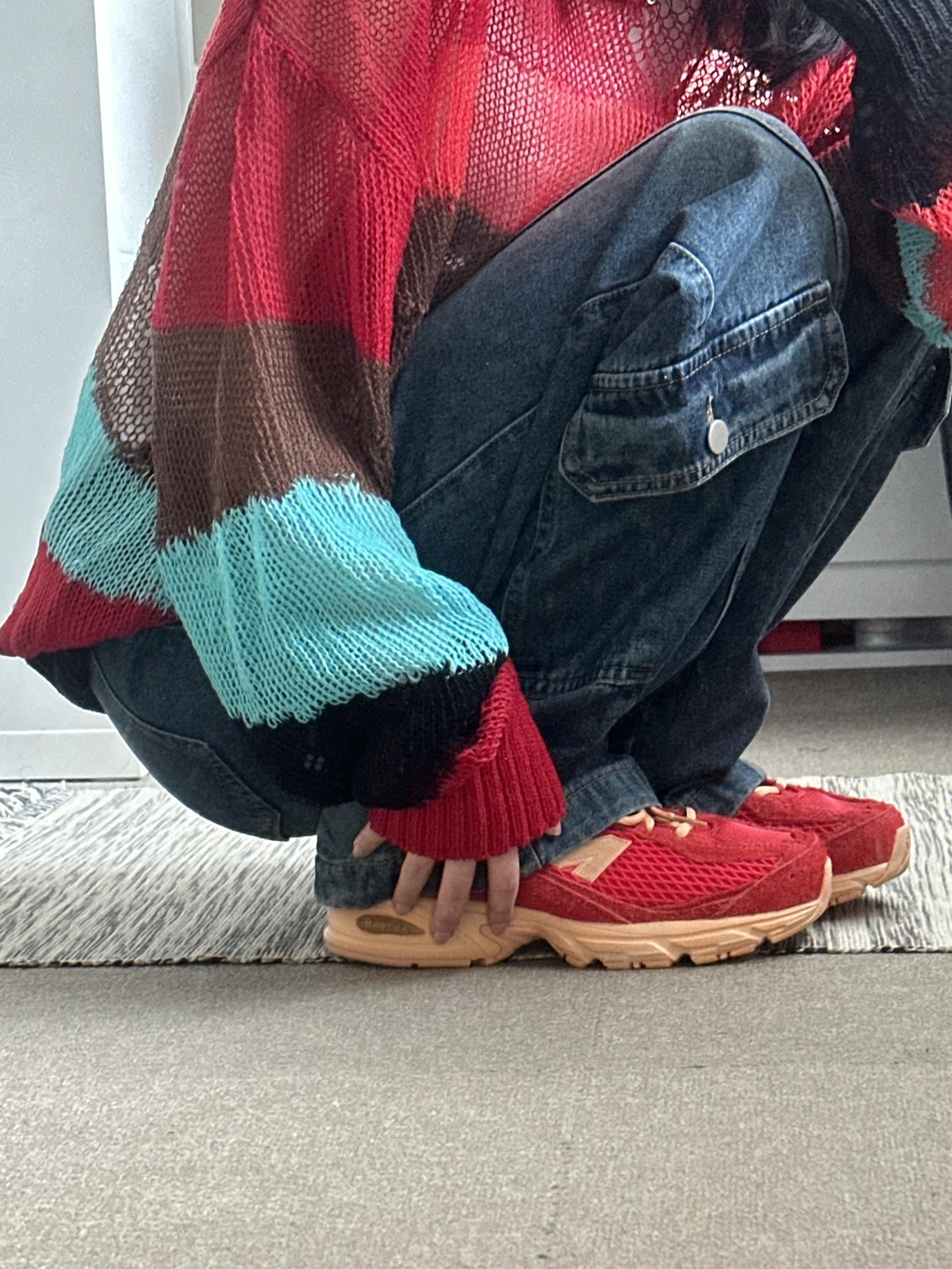New Balance 509 Deep Red, Zara x Andersson Bell Jacquard Lace Sweater Multicolor 착용 스타일 - 6