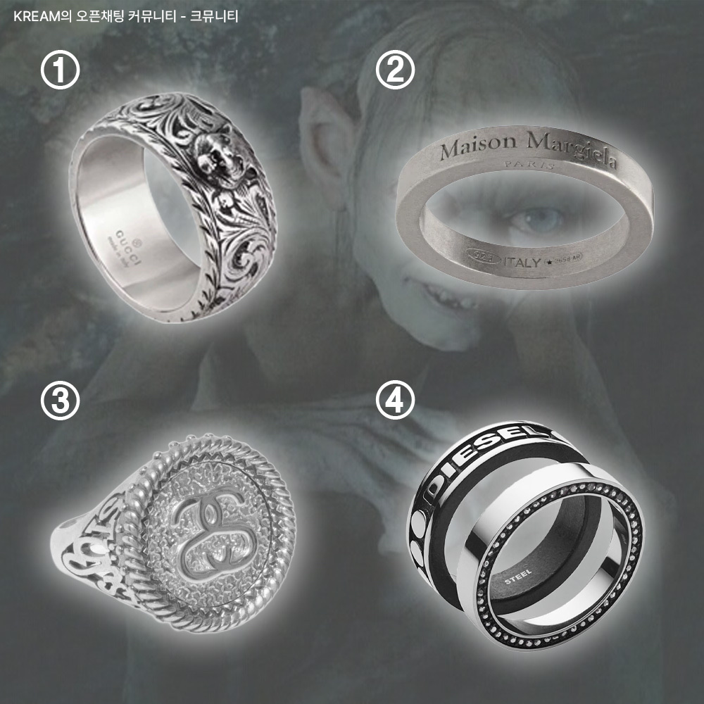 Gucci Thin Silver Ring With Feline Head Silver Aged Dark Finish, Maison Margiela Logo Ring Palladium 착용 스타일 - 2