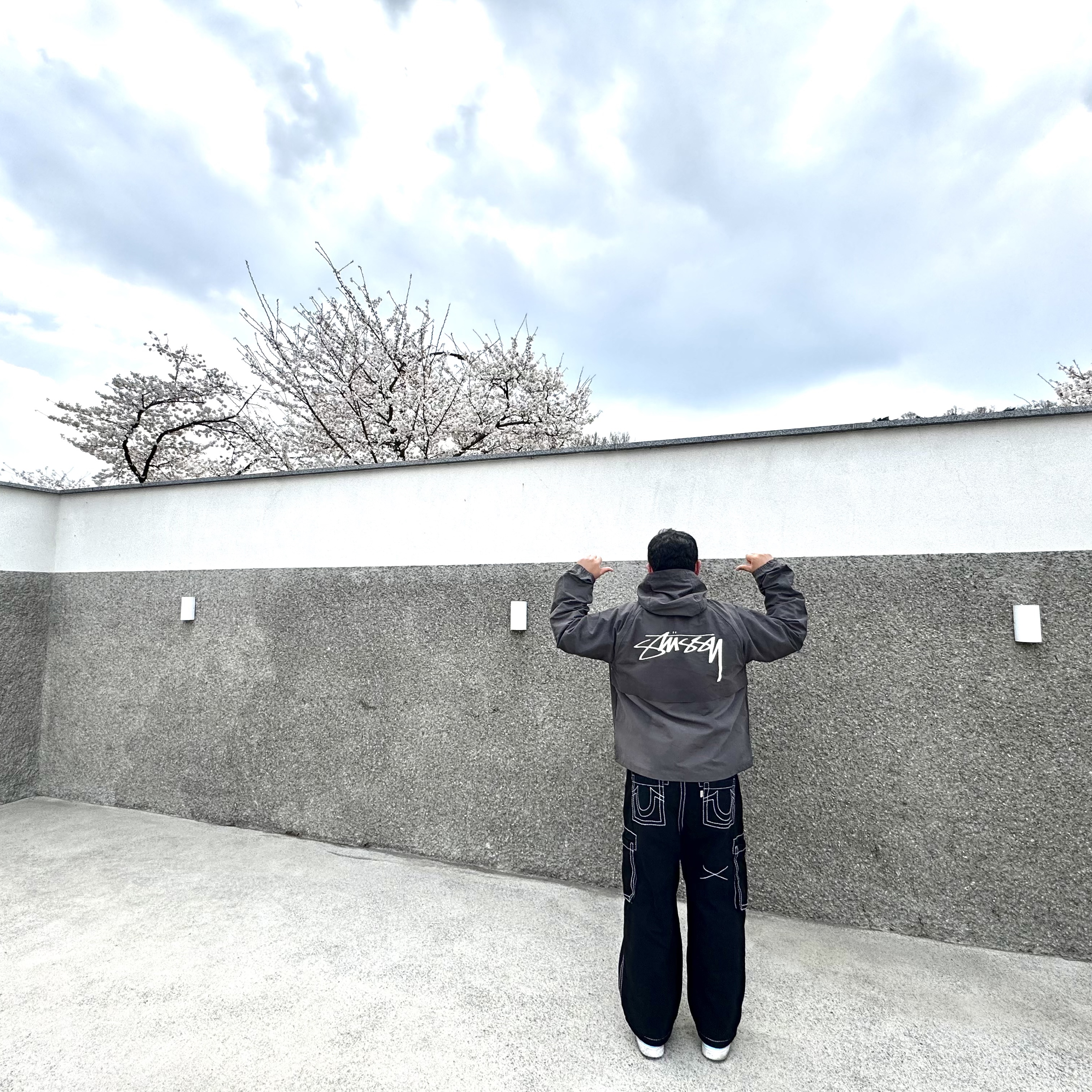 Stussy Wave Dye Beach Shell Jacket Black, True Religion Classic Cargo Pants Mk-2 Black 착용 스타일