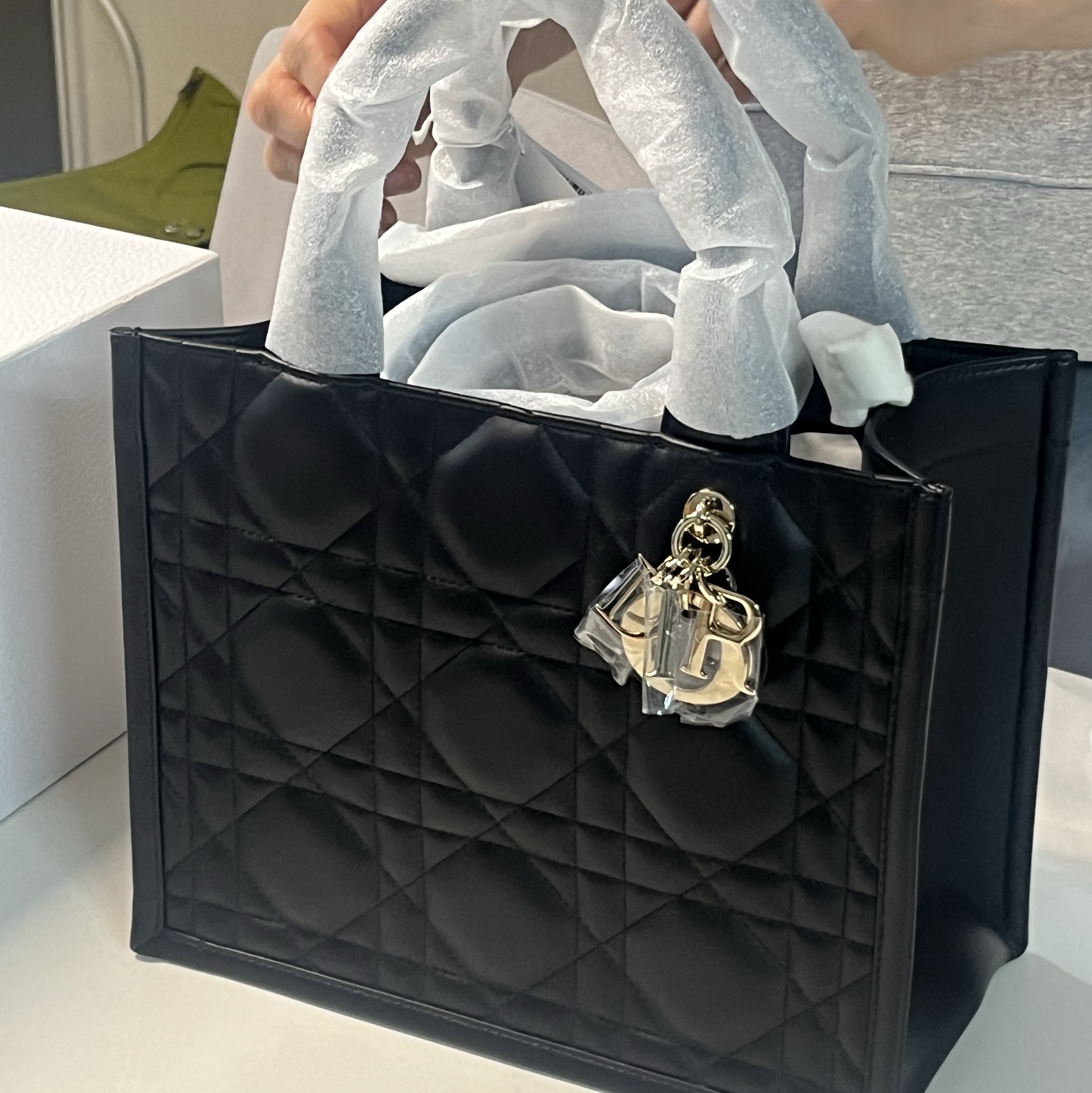 Dior Small Book Tote Macrocannage Calf Skin Black, Dragon Diffusion Mini Flat Gora Dark Brown 착용 스타일 - 1