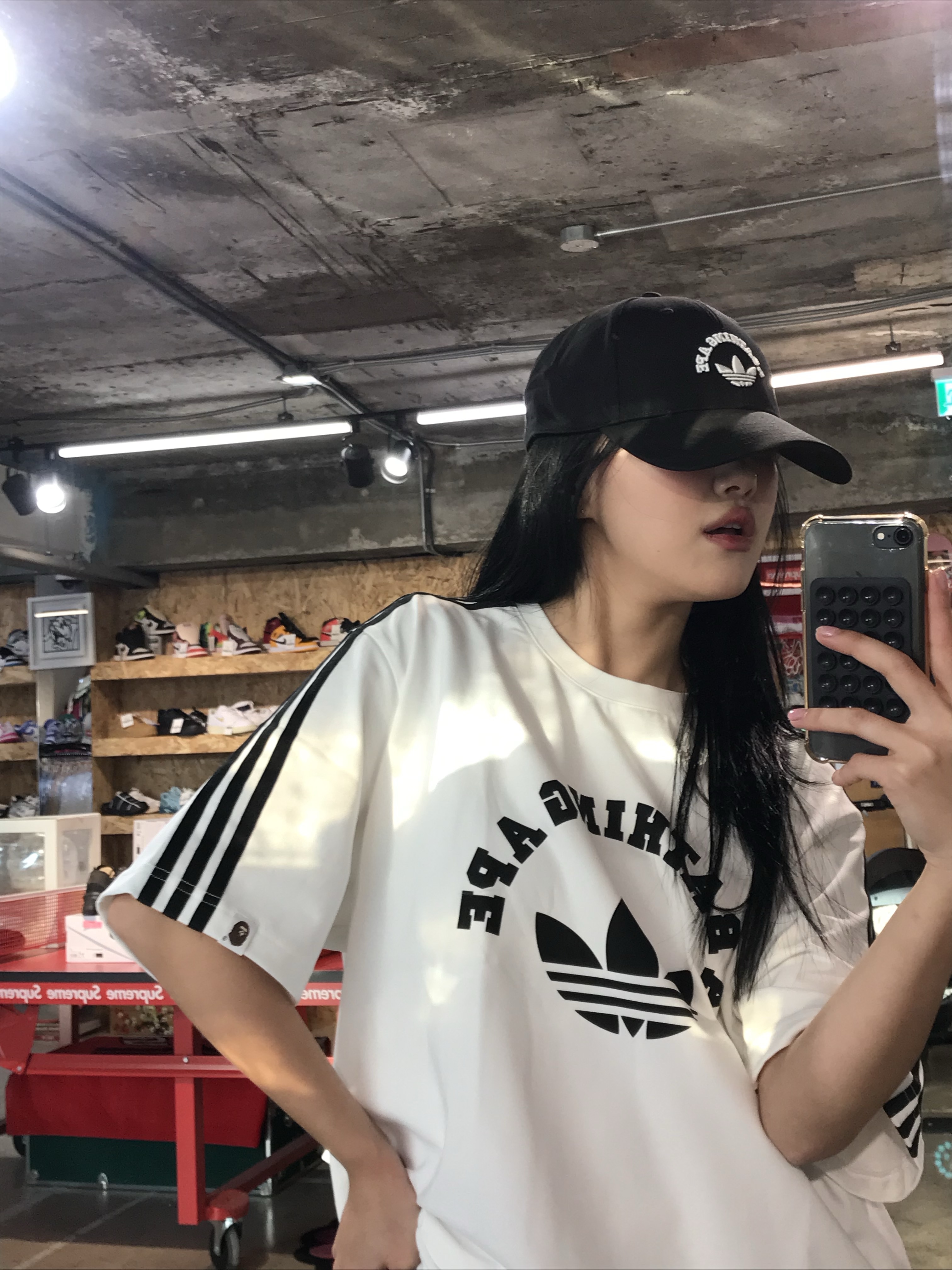 Adidas x BAPE T-Shirt White - KR Sizing, Adidas x BAPE Baseball Cap Black 착용 스타일