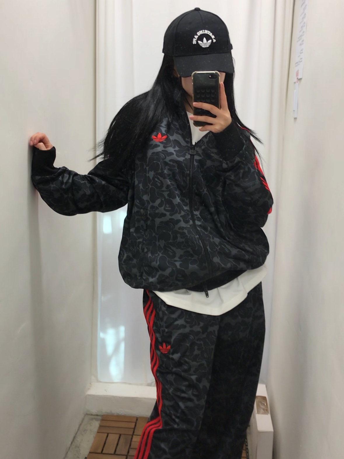 Adidas x BAPE Allover Print Track Top Black - US Sizing, Adidas x BAPE Baseball Cap Black 착용 스타일 - 1