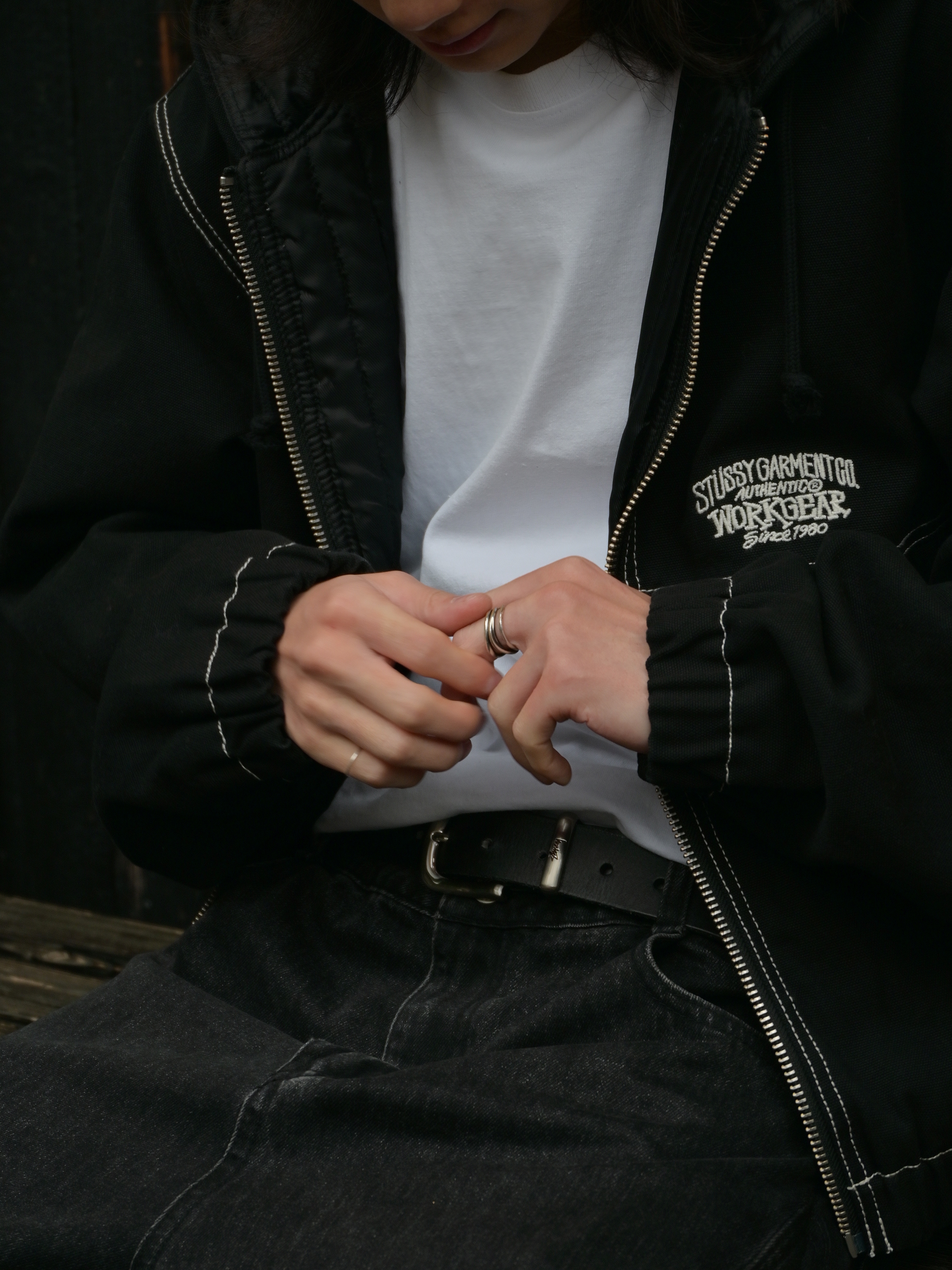 Stussy Work Jacket Contrast Stitch Black 착용 스타일 - 2