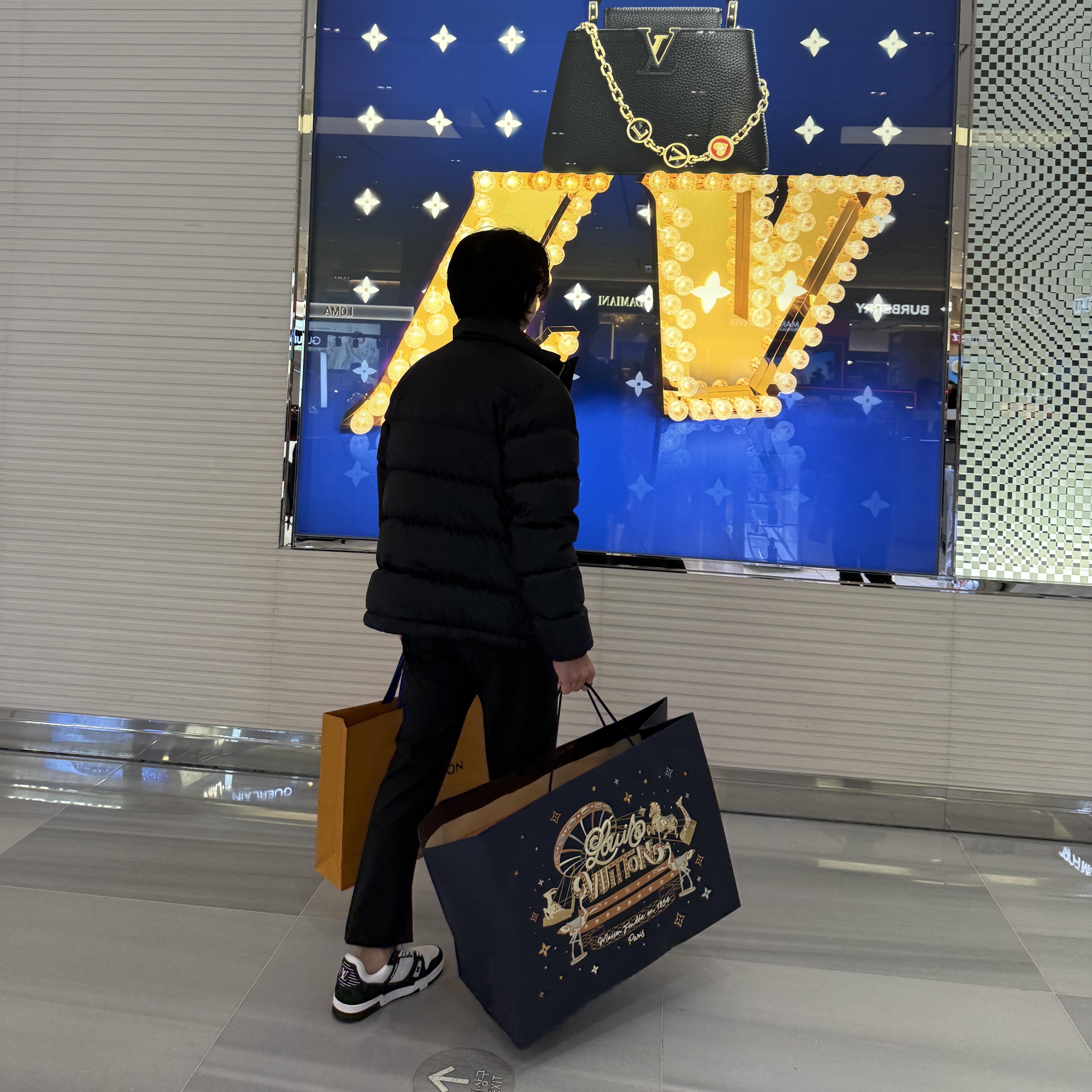 Louis Vuitton LV Trainer Sneakers Monogram Denim Black, Dior Oblique Down Jacket Black Nylon Jacquard 착용 스타일