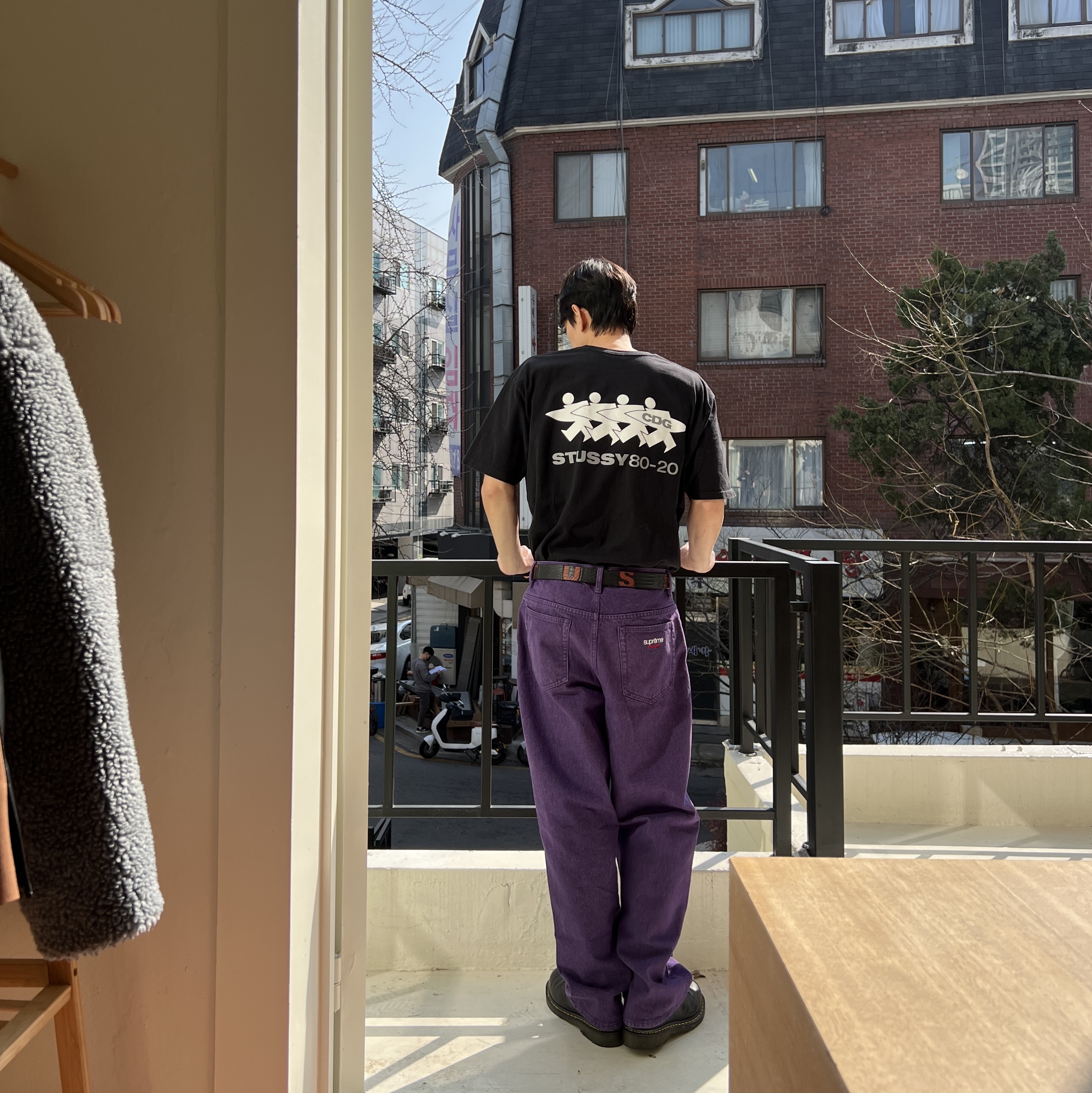 Supreme Baggy Jean Purple - 25SS, Stussy x CDG Surfman T-Shirt Black 착용 스타일