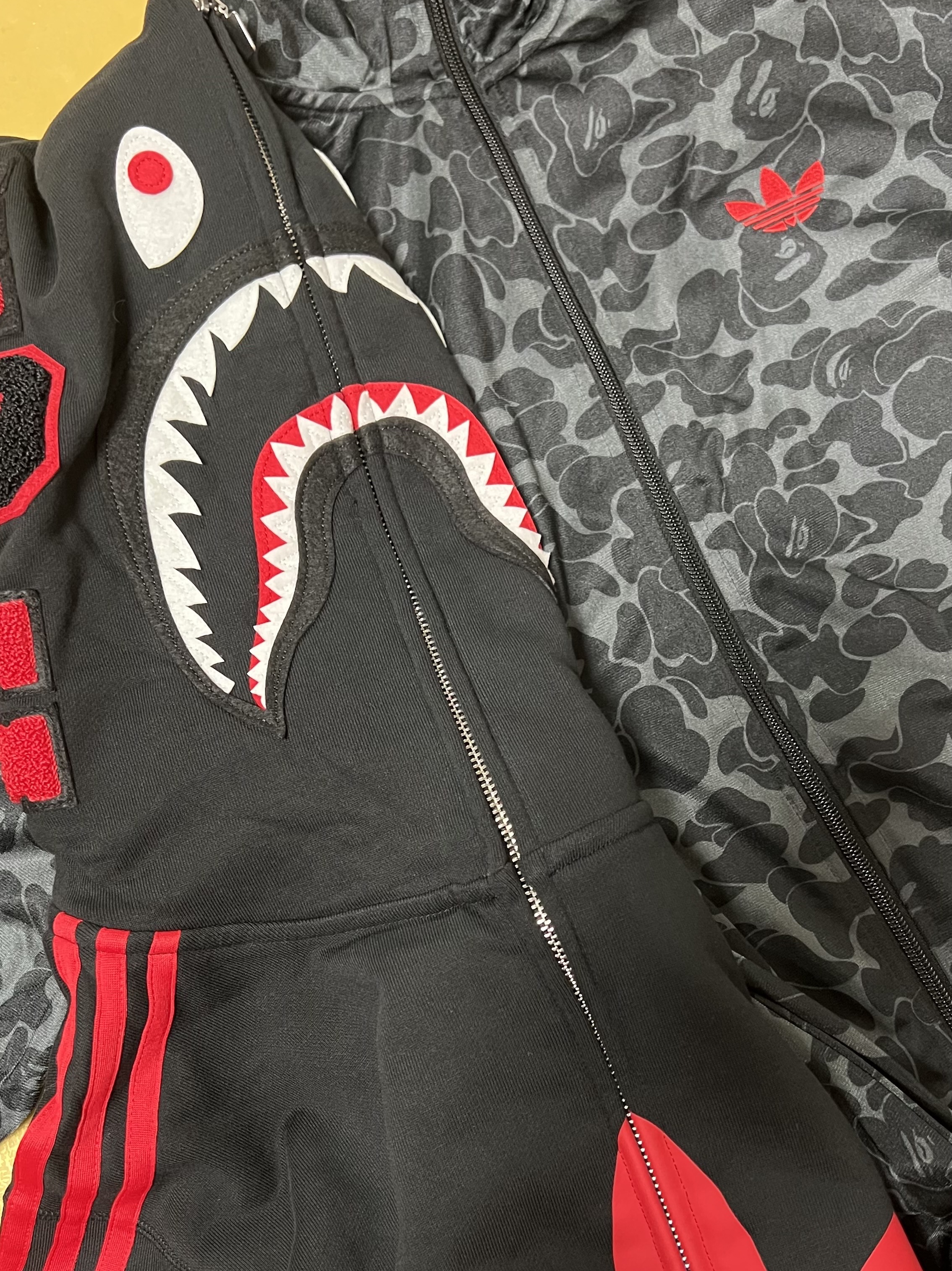 Adidas x BAPE Ultimate Shark Hoodie Black - KR Sizing, Adidas x BAPE Allover Print Track Top Black - KR Sizing 착용 스타일