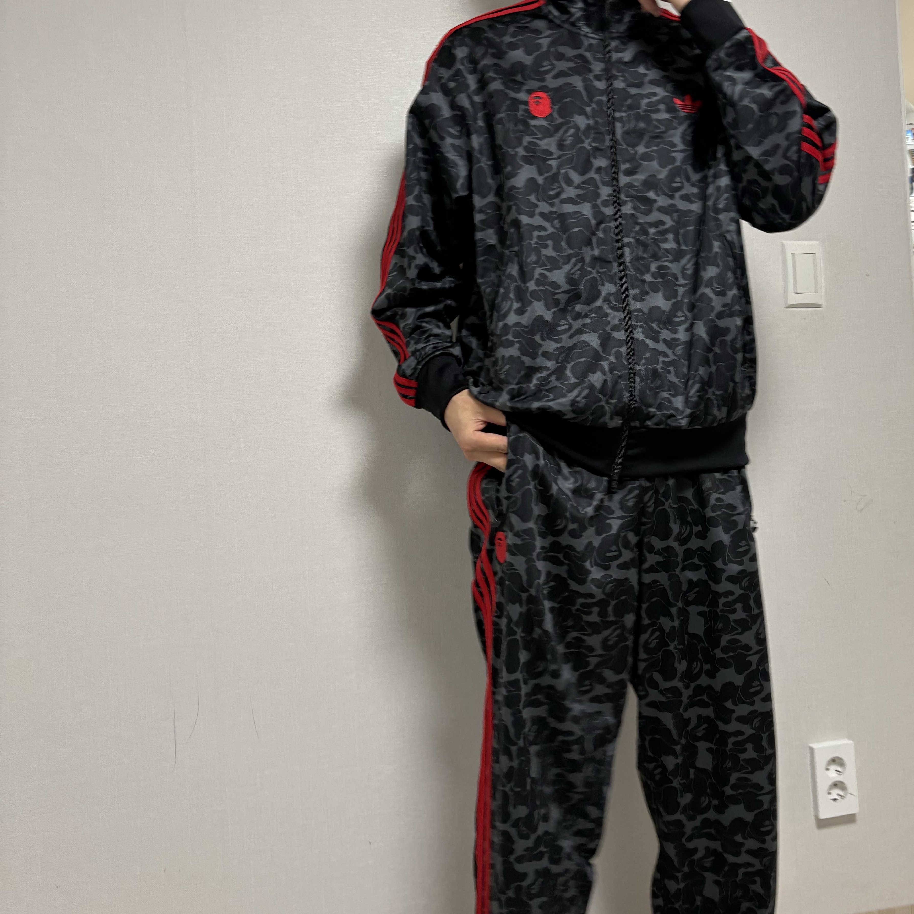 Adidas x BAPE Firebird Track Pants Black - KR Sizing, Adidas x BAPE Allover Print Track Top Black - KR Sizing 착용 스타일
