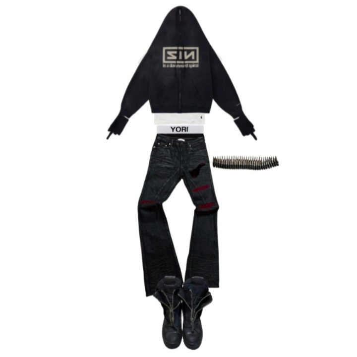 Undermycar x Emostanceclub Emoun Destroyed Cowhide Suede Red Stitch Denim Toreador - 23FW, Project G/R Zygon Zip Hoodie Black 착용 스타일