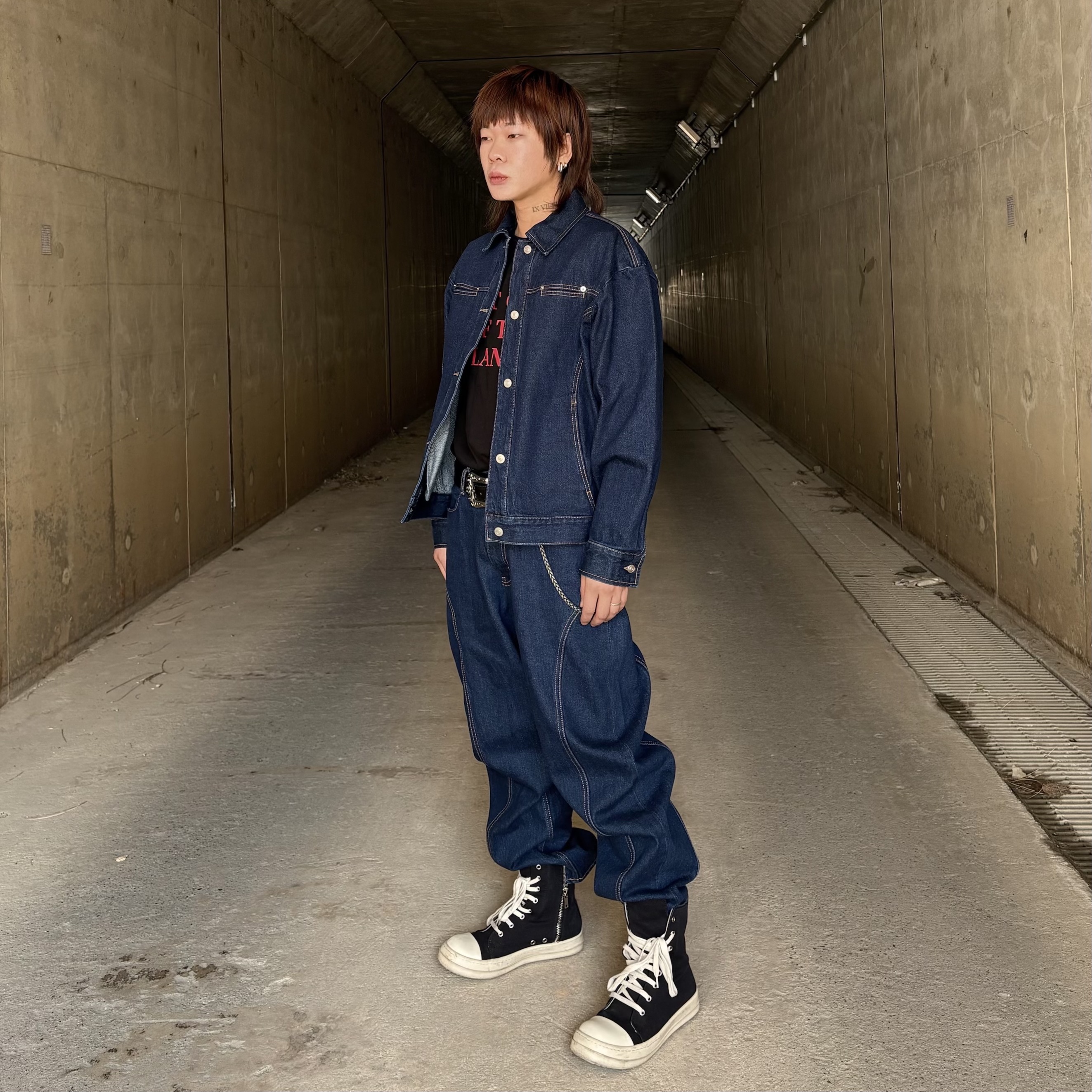 Rick Owens Drkshdw Calf Leather Penta Sneakers Black Milk White, Stussy SS Link Cowboy Belt Black 착용 스타일 - 1