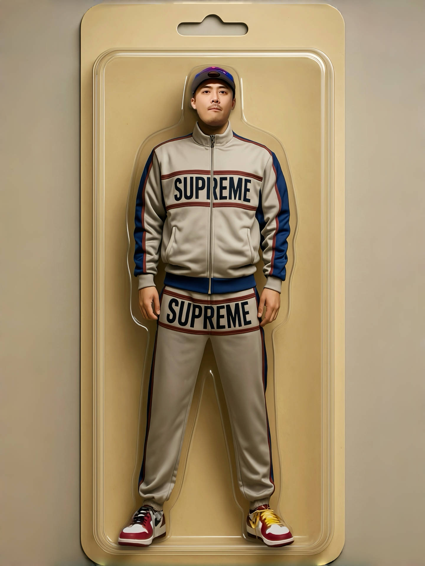 Supreme Bones Box Logo New Era Royal - 25SS, Supreme World Famous Jacquard Track Jacket Stone - 22FW 착용 스타일 - 1