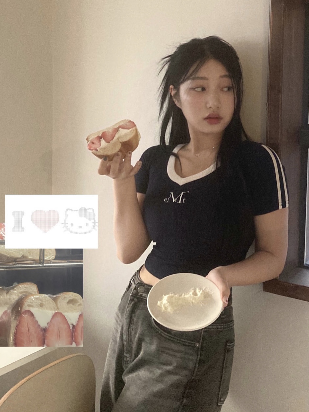 무센트 바인딩 트랙 라인 골지 반팔 티 네이비 착용 스타일 - 3