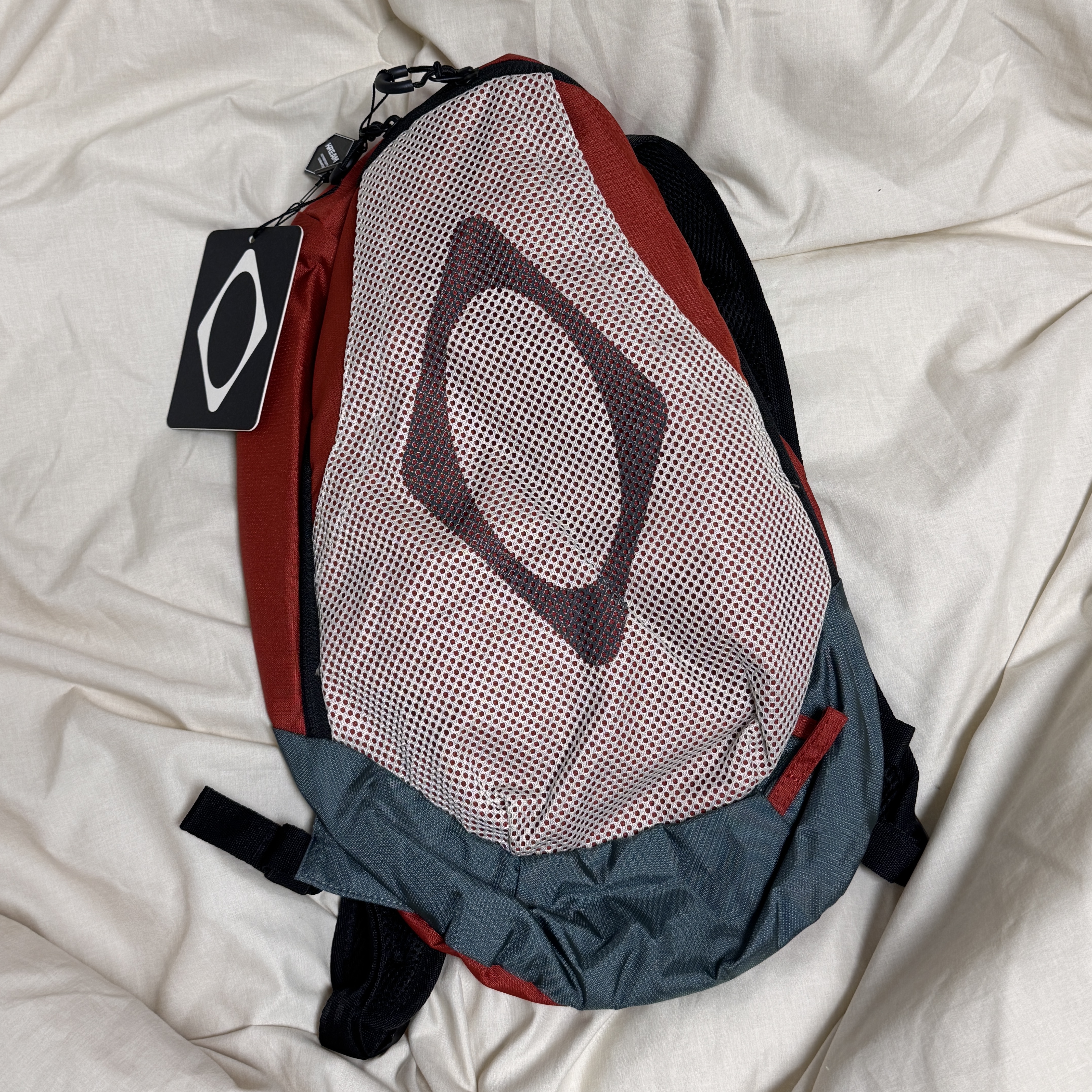 Mischief Rhombus Mesh Backpack Beige Red 착용 스타일