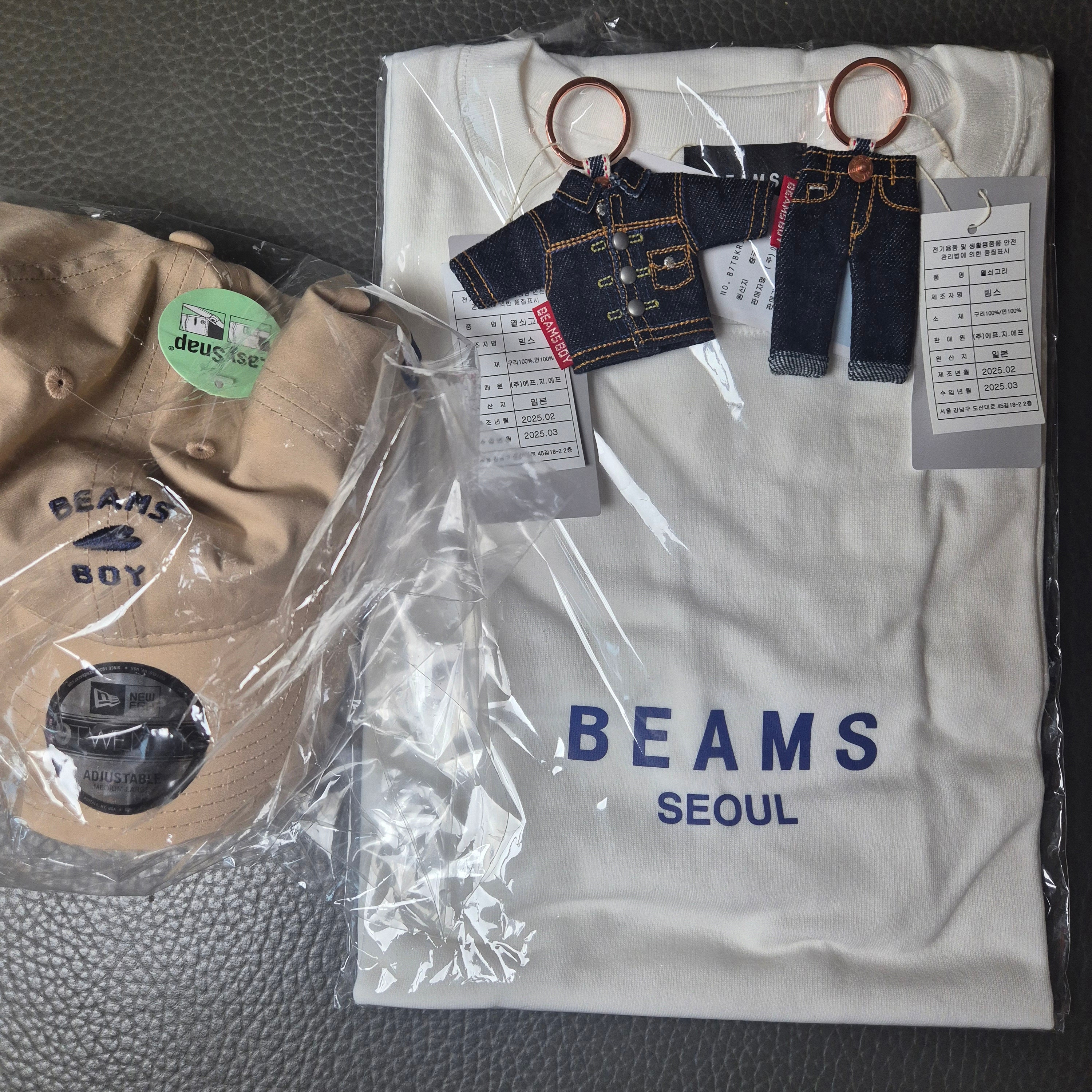 Beams Boy x New Era Logo Ball Cap Beige, Beams Boy Denim Key Holder Navy 착용 스타일