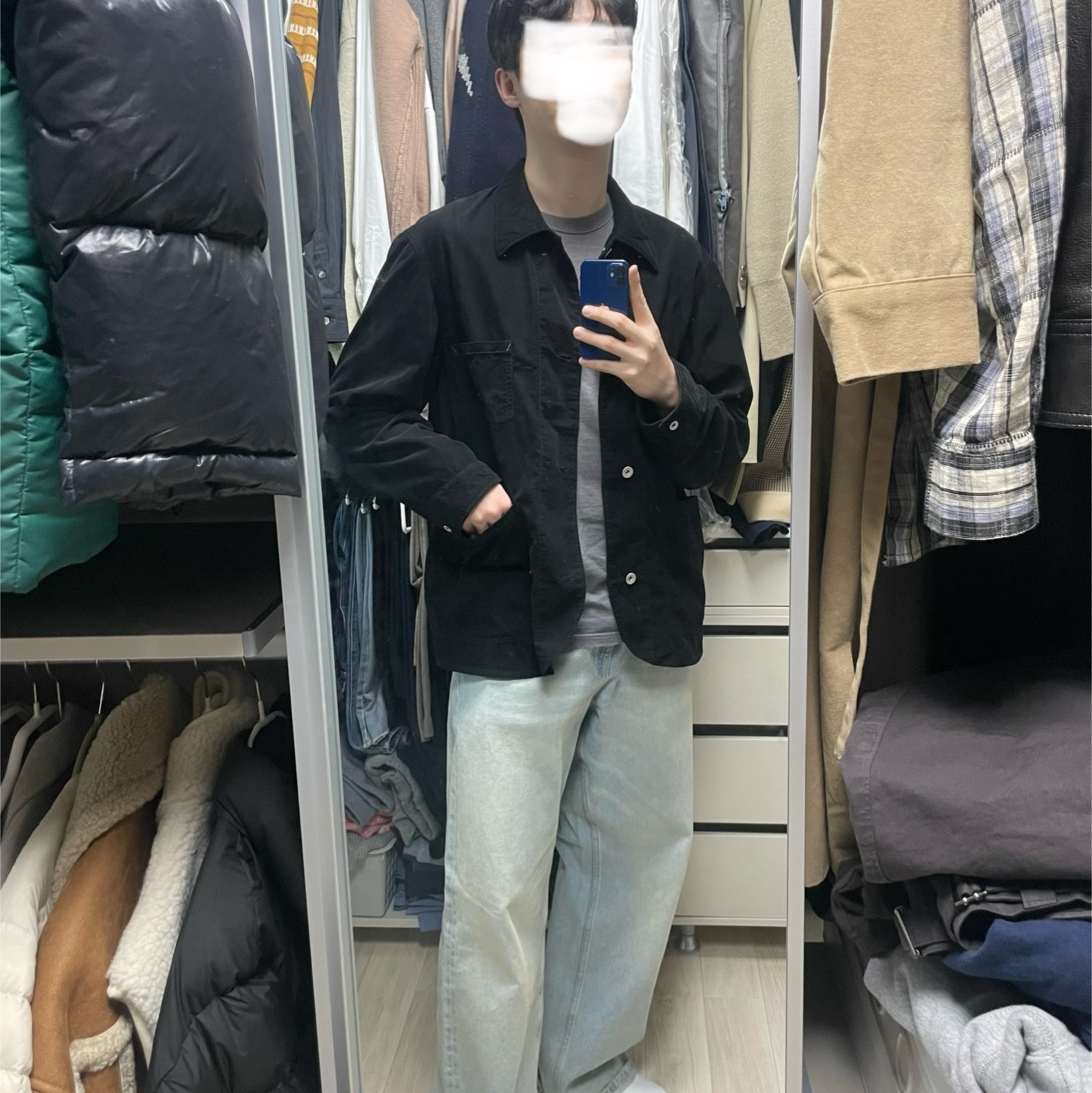 Puma Suede Classic XXI Black White, Polyteru Chore Jacket (Coverall Jacket) 23 ver. Black 착용 스타일 - 1