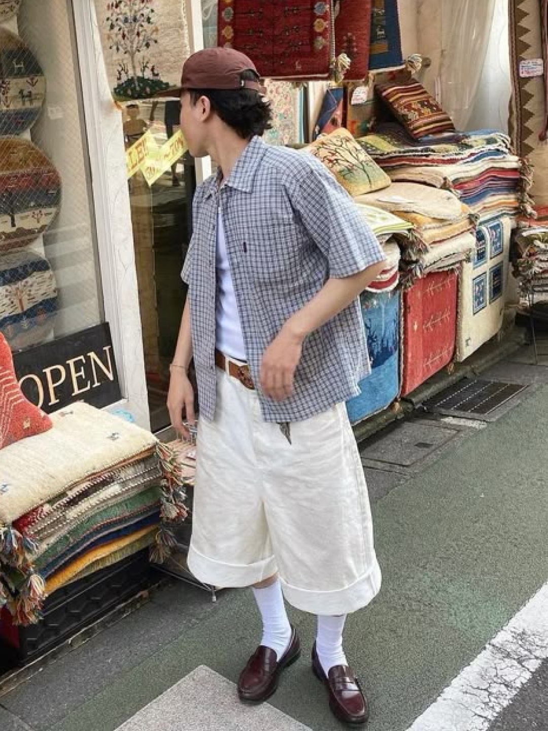 MJD Waffle Wide Carpenter Bermuda Pants Black, SLOW RECORD HOUSE Carpenter Bermuda Wide Denim Pants Medium Blue 착용 스타일 - 5