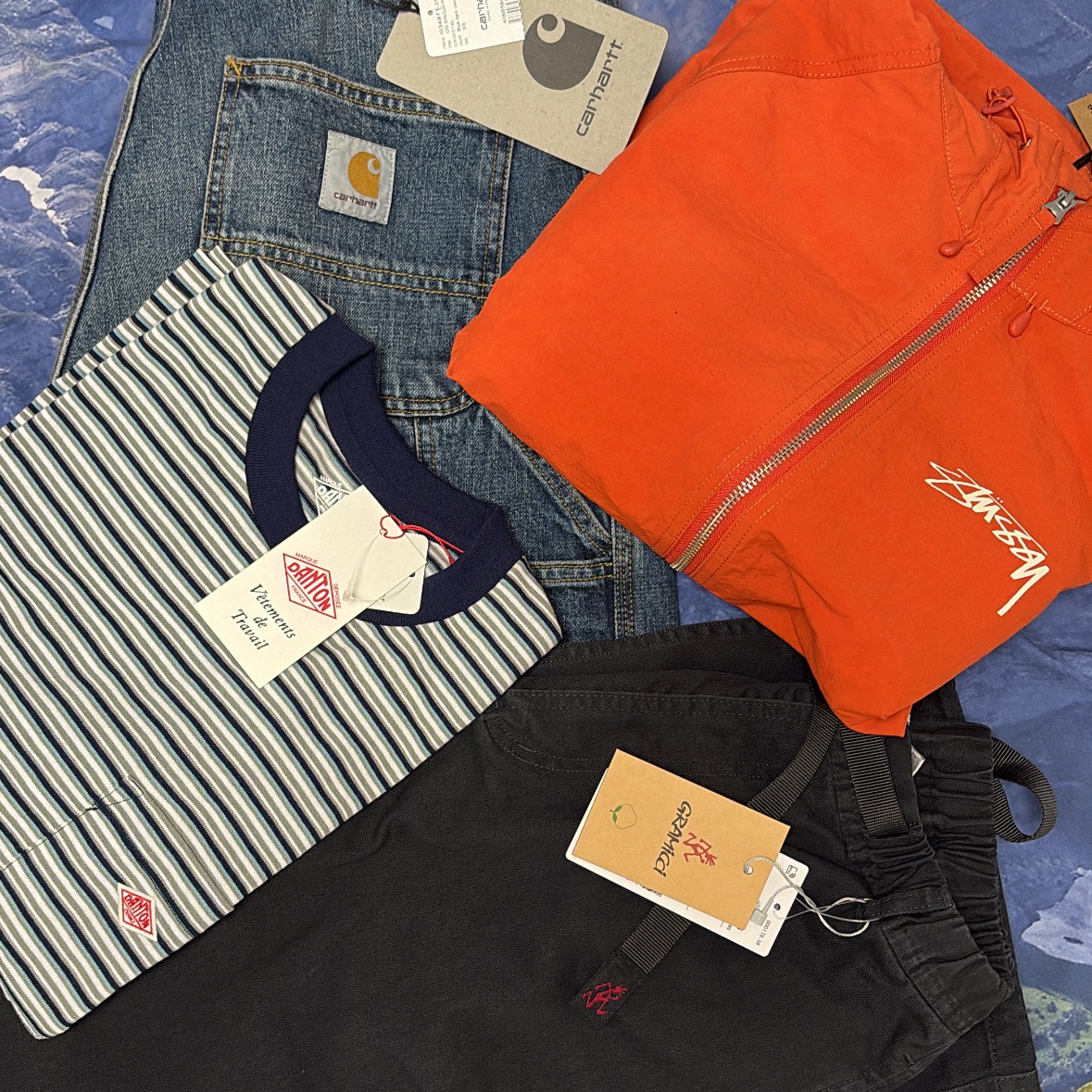 Danton Stripe Short Sleeve Pocket T-Shirt Navy White, Stussy Beach Shell Wave Dye Cayenne 착용 스타일