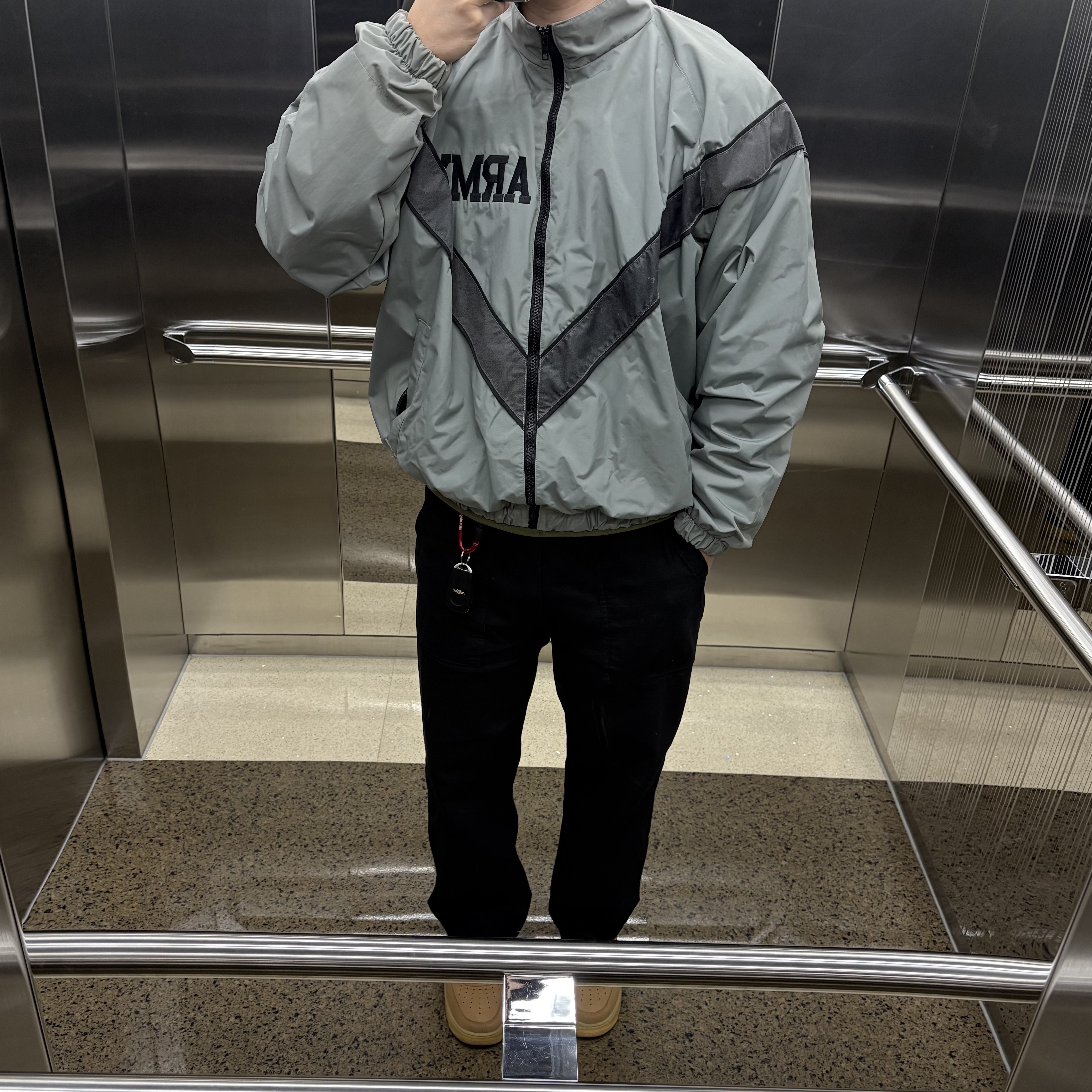 YMCL KY US Army IPFU Jacket Grey, Nike Air Force 1 '07 WB Flax 착용 스타일