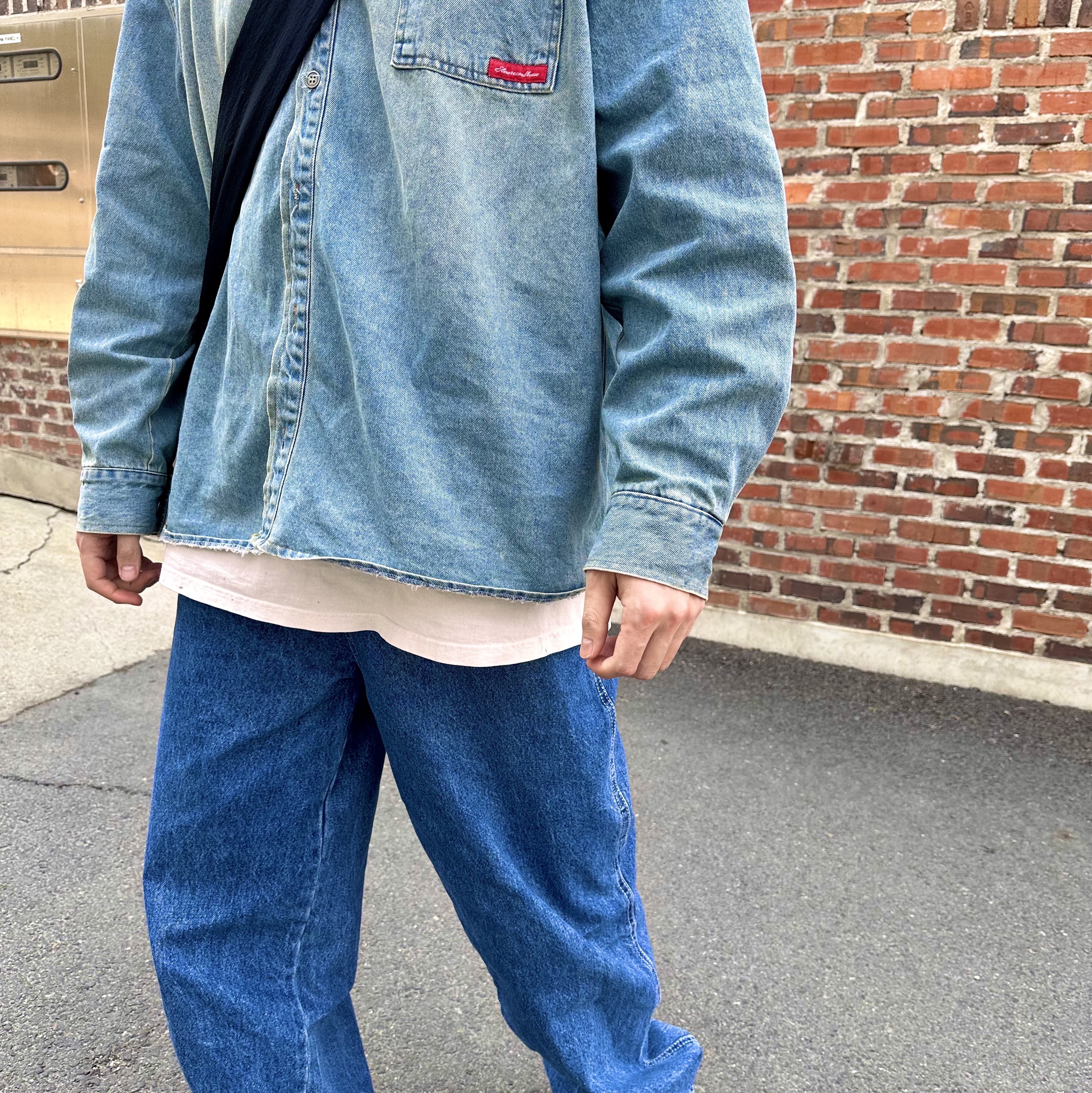 SLOW RECORD HOUSE Vintage Red Label Denim Shirts Light Blue, Suade Baggy Denim Blue 착용 스타일 - 4