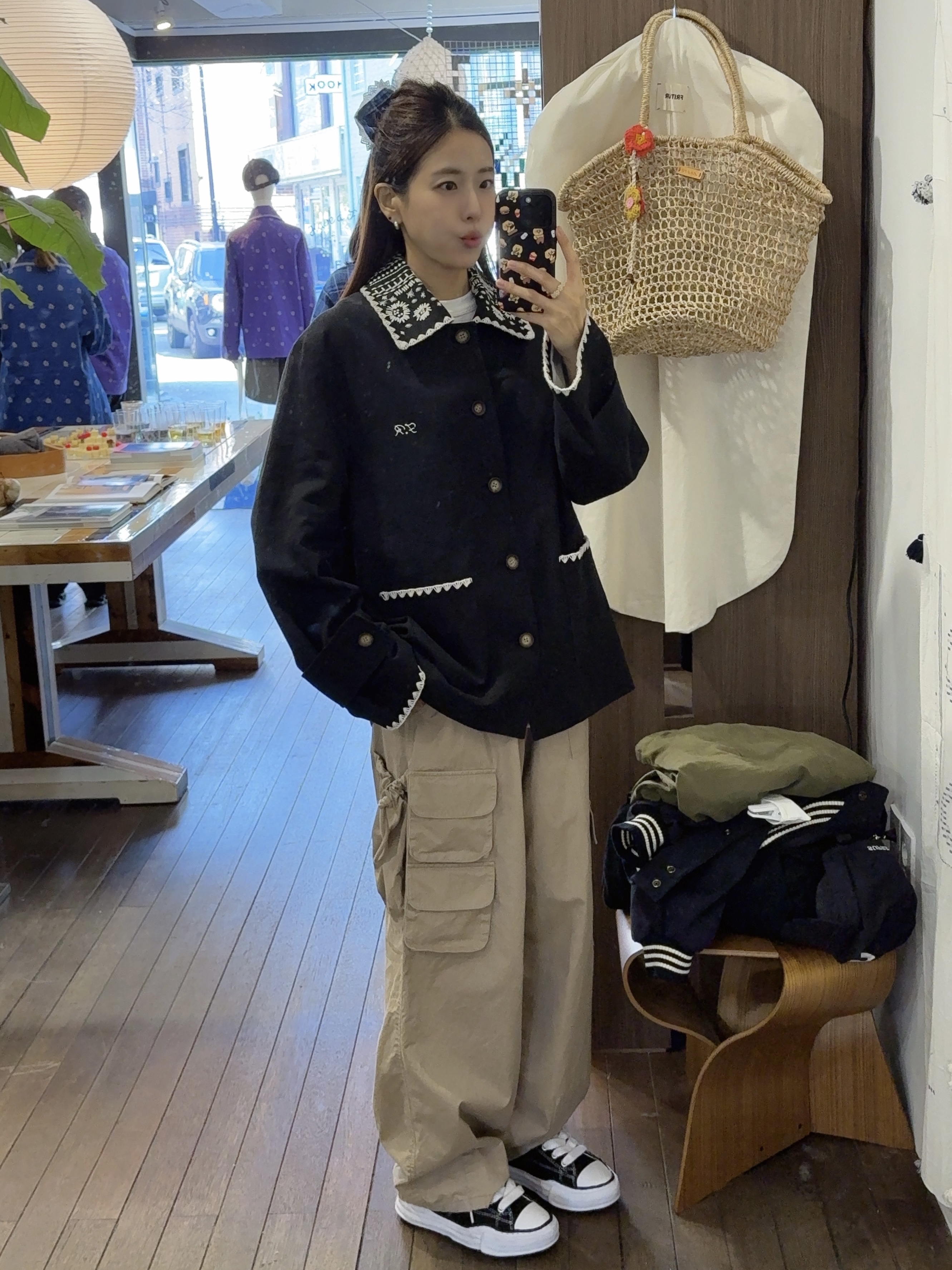 Fritur Embroidery Collar Jacket Black_F251JK05, Fritur Kyoto Cargo Pants Beige_F251PT01 착용 스타일 - 2