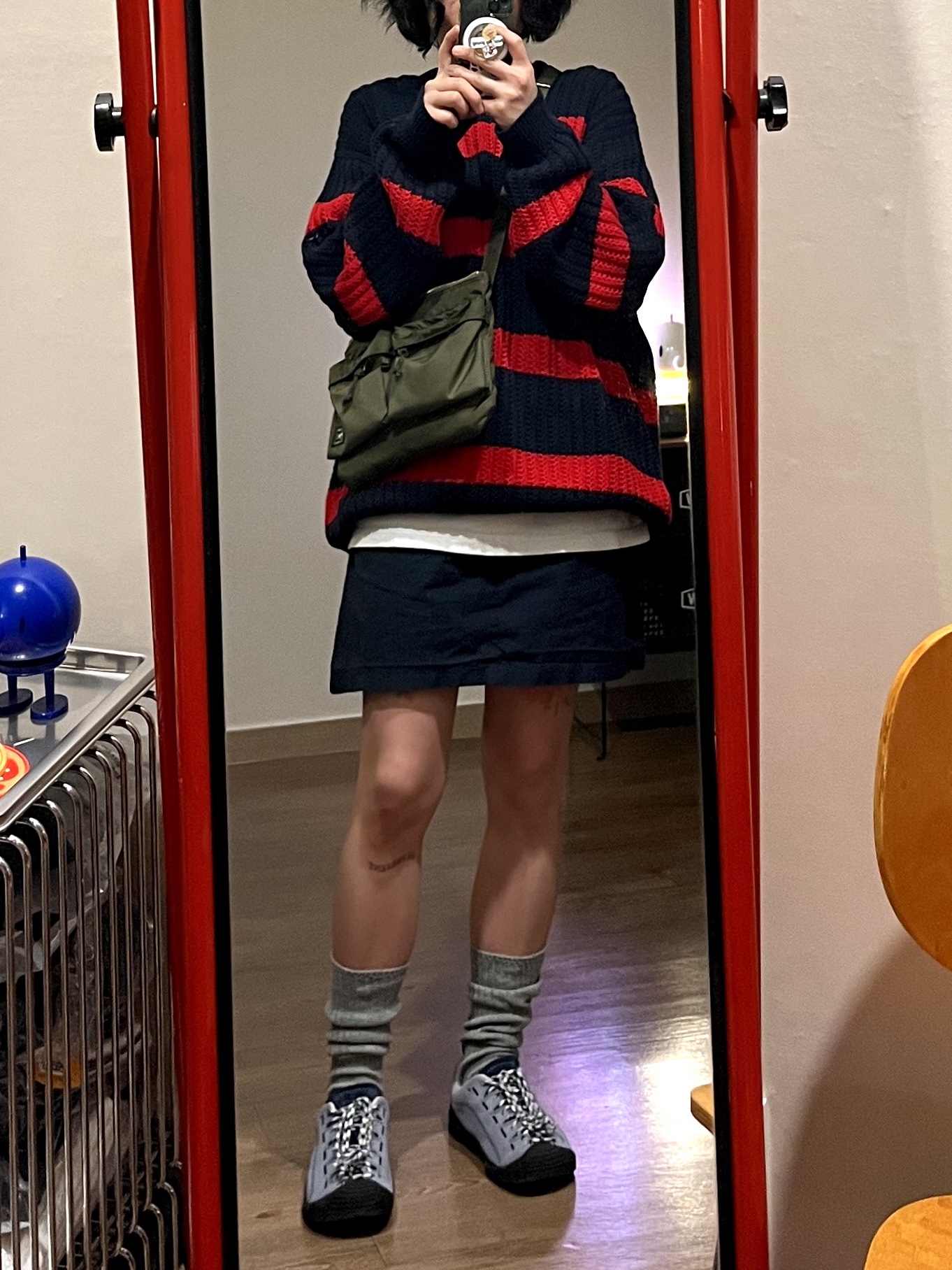 Supreme Loose Gauge Stripe Small Box Sweater Navy - 25SS, Porter Porterforce Shoulder Bag Olive Drab 착용 스타일