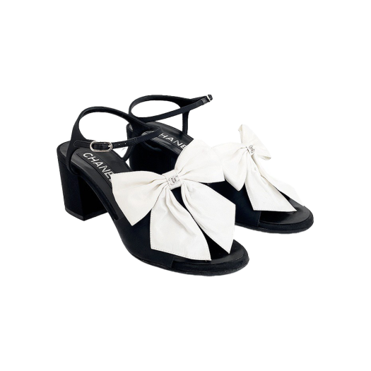 ITU6OMB56TN6 Chanel 24A Ribbon Sandal Heels 36.5 Black/White