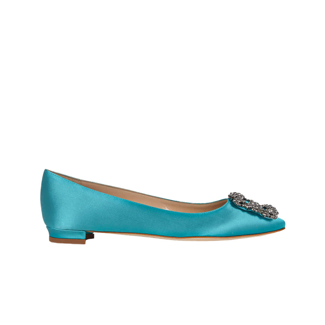 9XX-0348-0077 (W) Manolo Blahnik Hangisi Satin Jewel Buckle Flat Light Blue