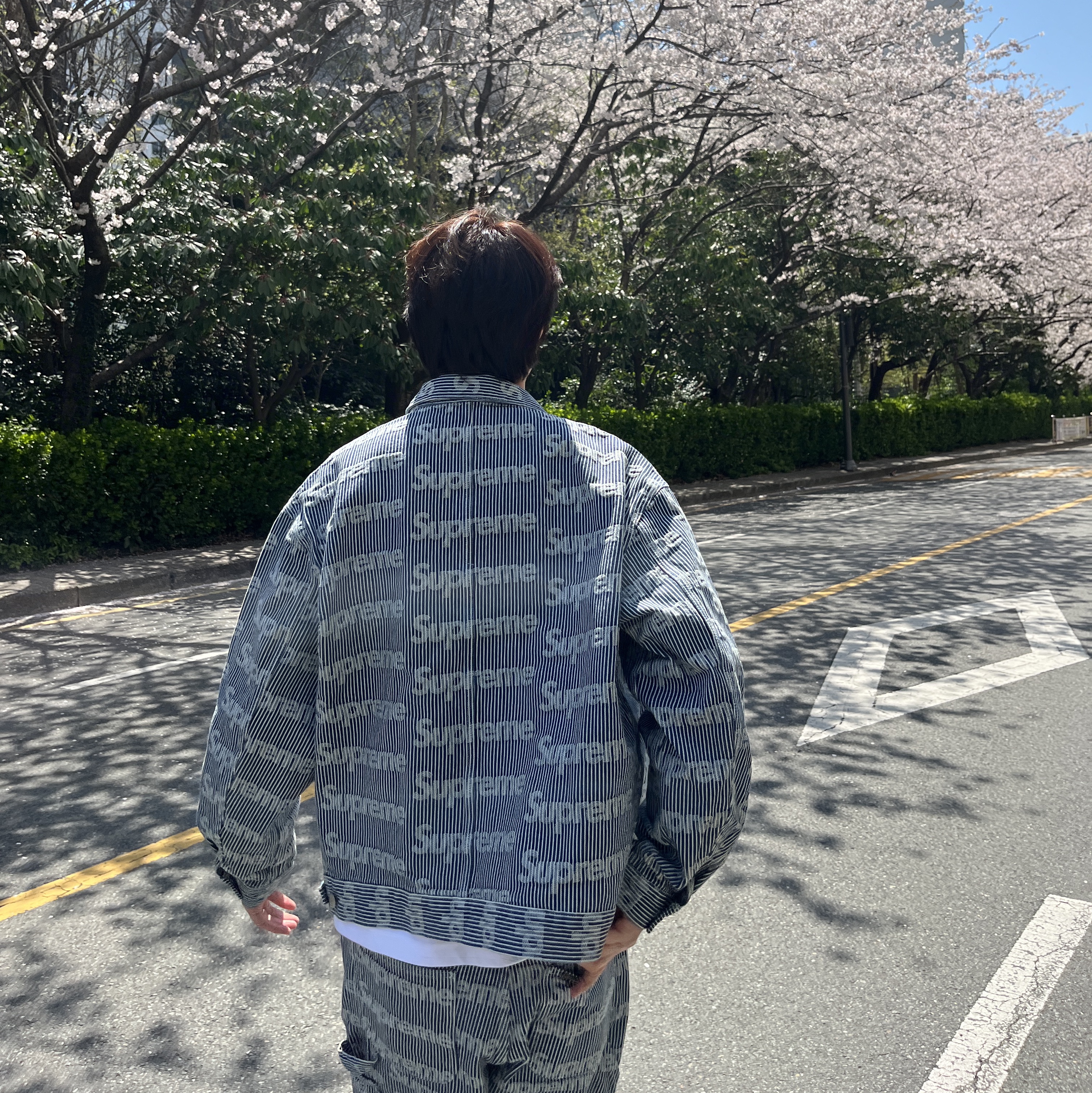 Supreme Denim Chore Trucker Jacket Stripe - 24SS, Supreme Denim Painter Pants Stripe - 24SS 착용 스타일 - 2