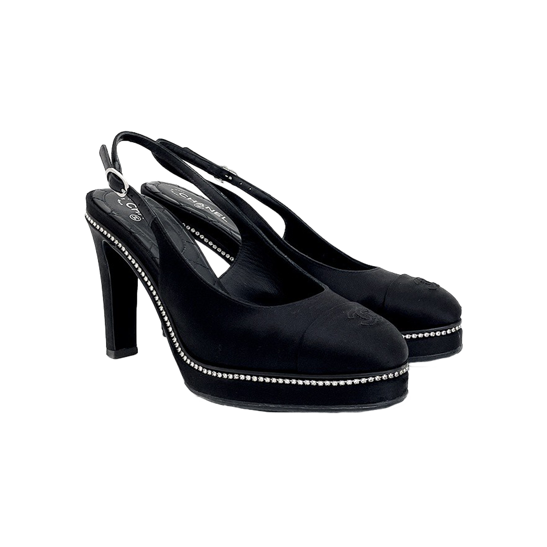 IT2HCI9MVM76 Chanel 23S CC Logo Crystal Slingback Heels 37 Black