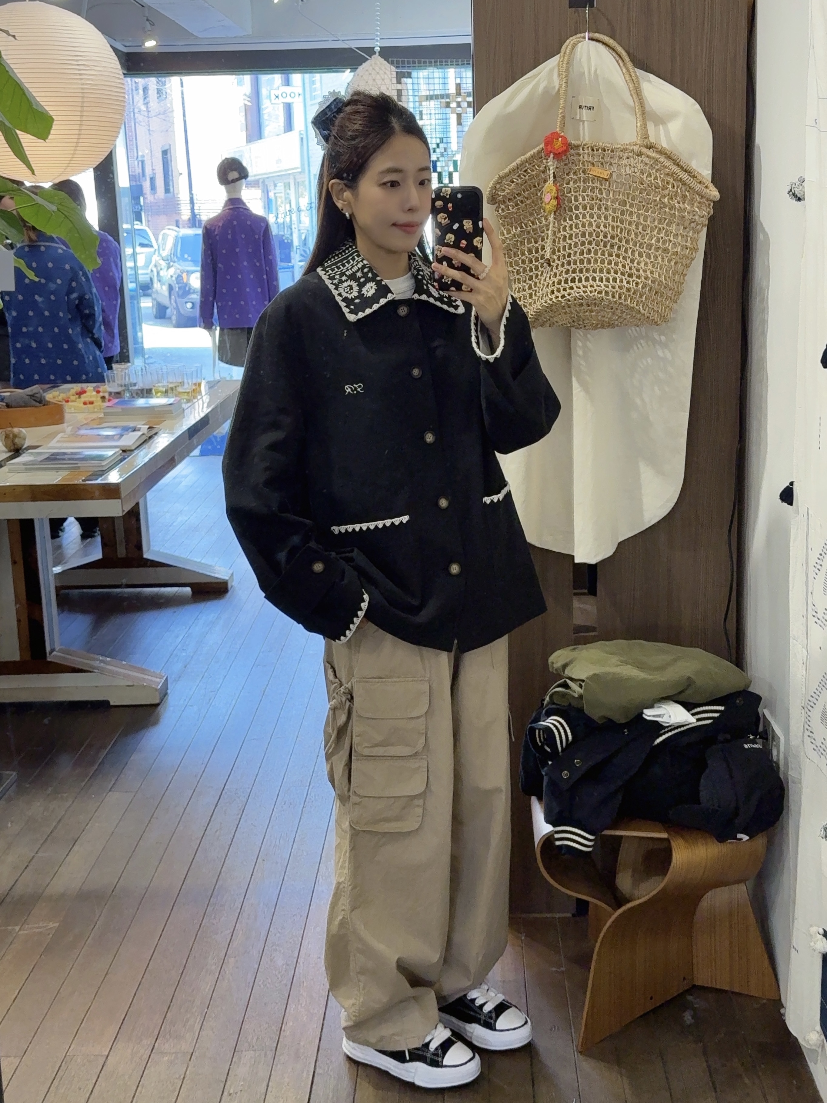 Fritur Embroidery Collar Jacket Black_F251JK05, Fritur Kyoto Cargo Pants Beige_F251PT01 착용 스타일 - 1