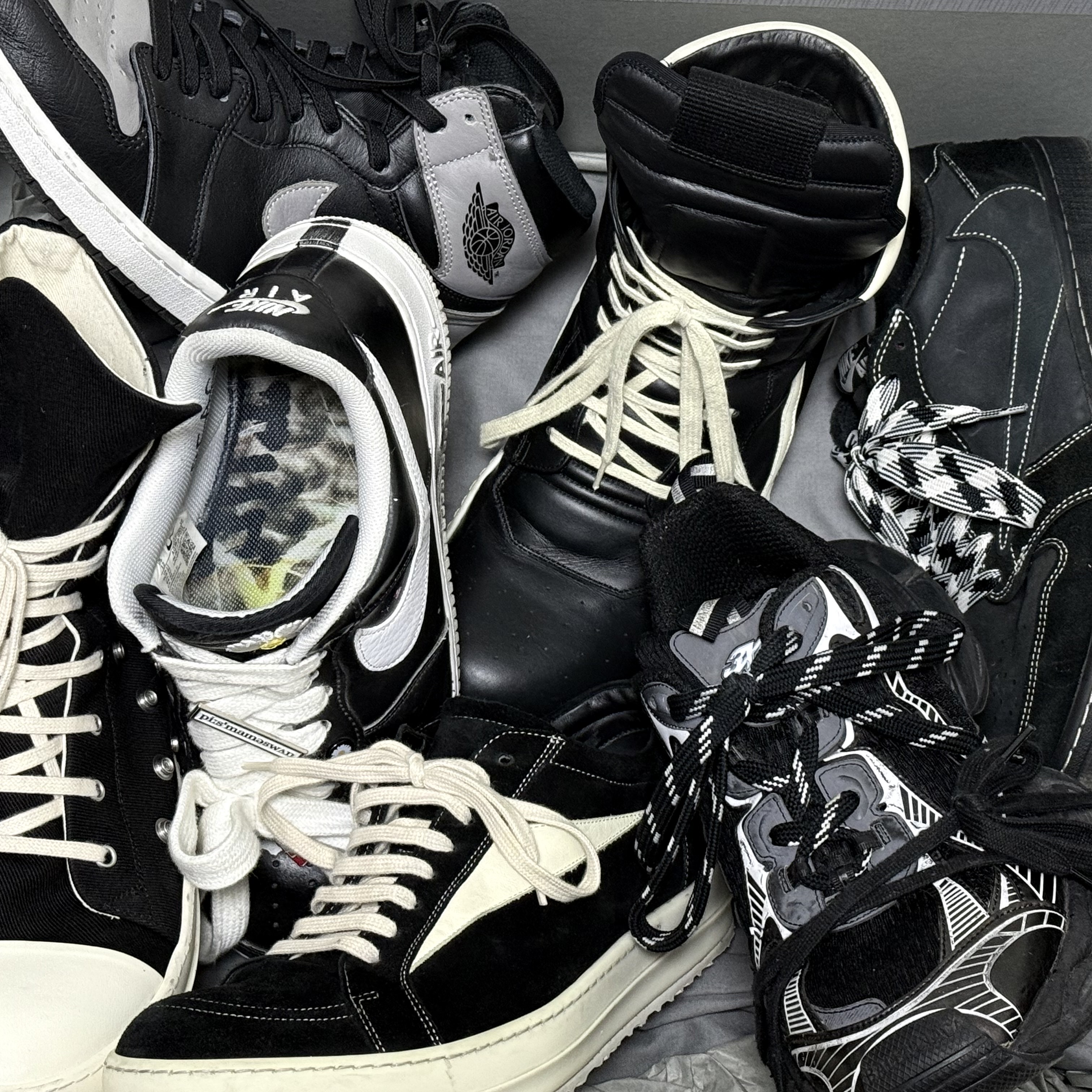 Rick Owens Suede Vintage Sneakers Black Milk White, Rick Owens Geobasket Full Grain Calf Leather Strobe Sneakers Black Milk White 착용 스타일