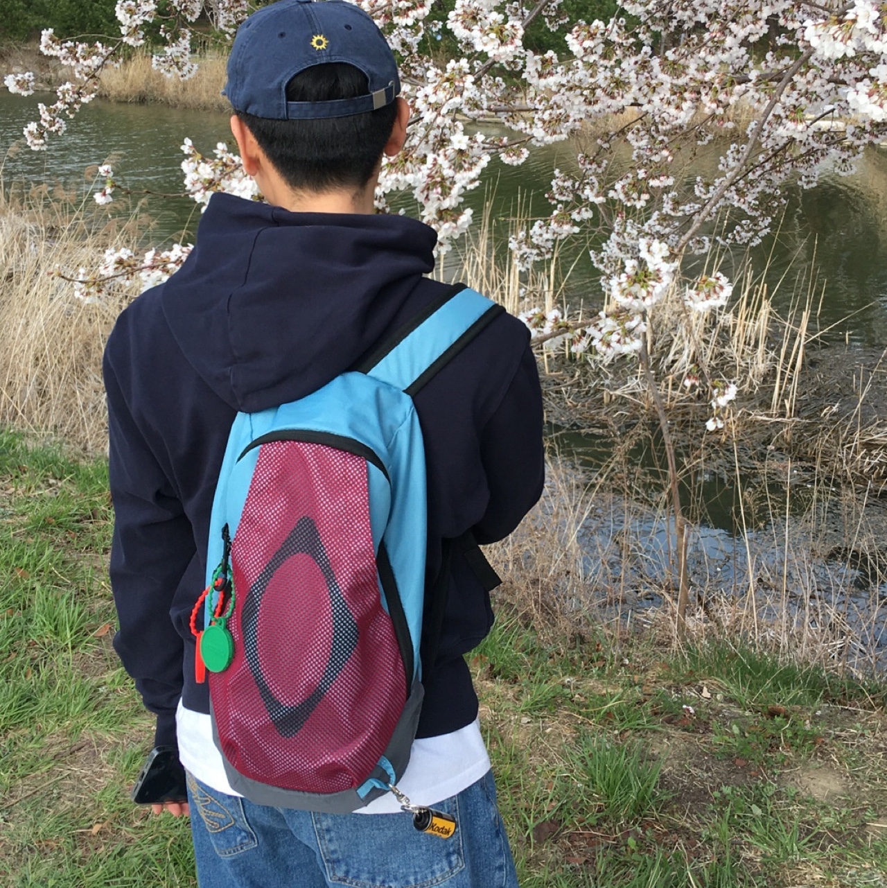 Hello Sunrise Washed Two Tone Logo 6Panel Cap Navy, Mischief Rhombus Mesh Backpack Burgundy Blue 착용 스타일 - 3