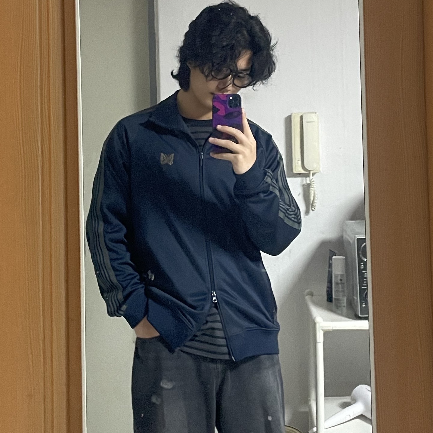 Needles Track Jacket Poly Smooth Navy 착용 스타일