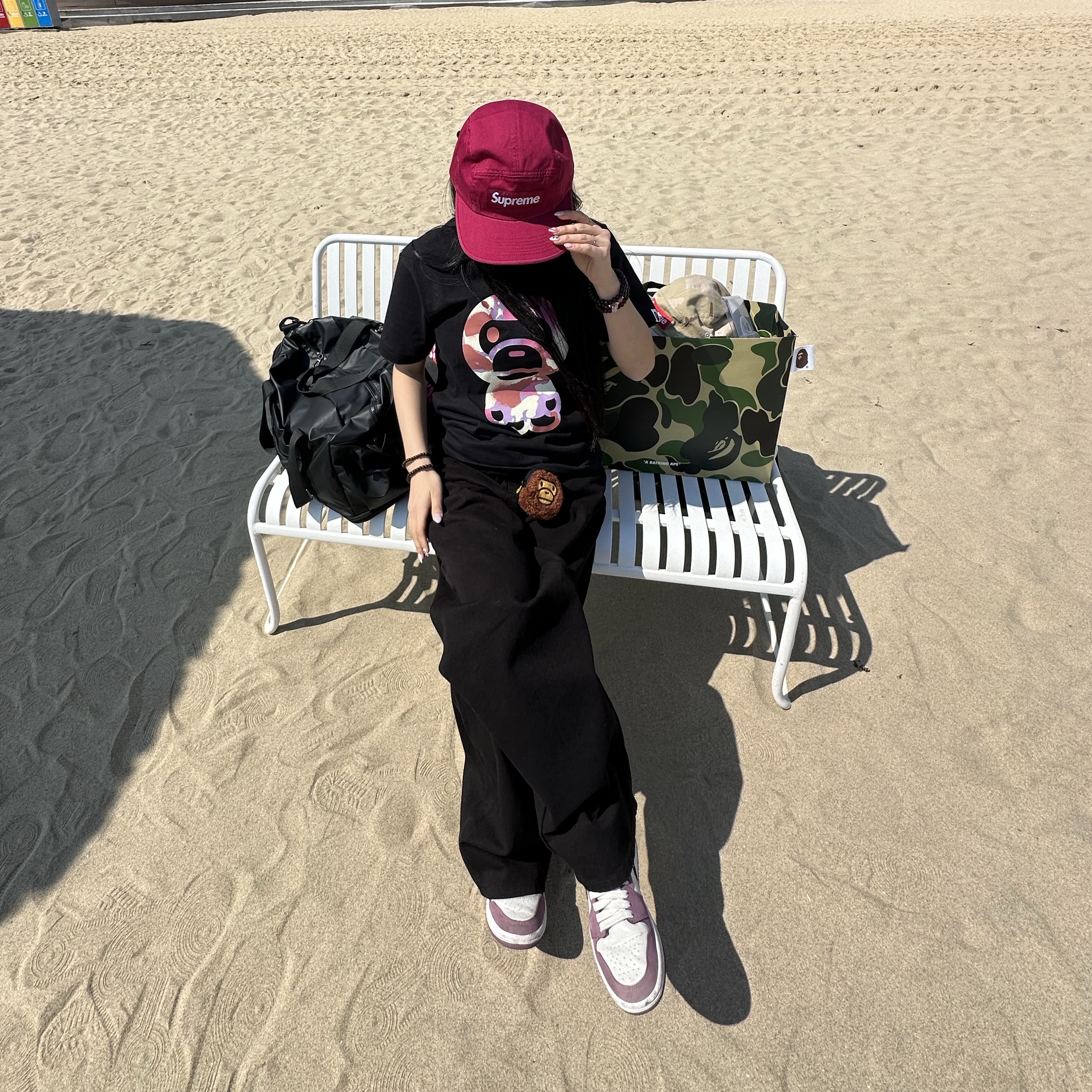 Supreme Washed Chino Twill Camp Cap Cranberry - 24FW, (W) Jordan 1 Mid SE Light Mulberry 착용 스타일 - 4
