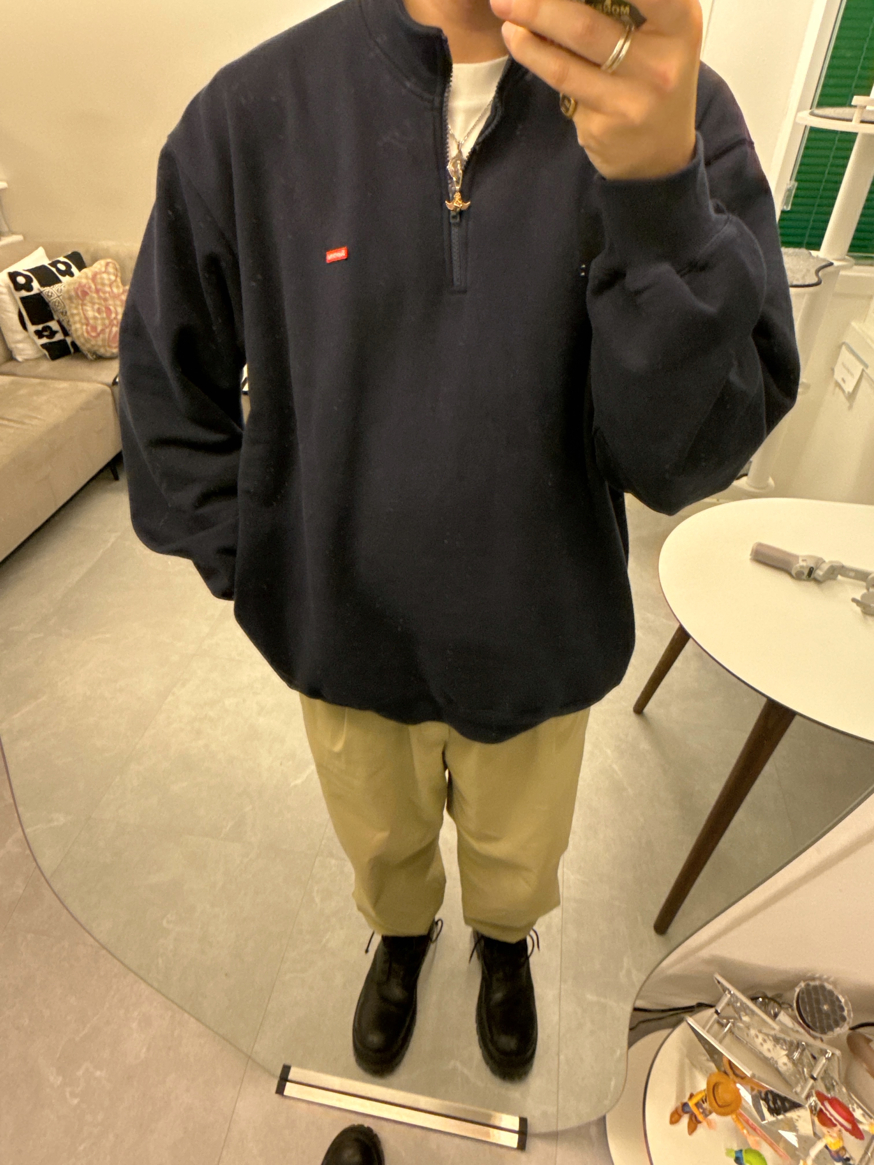 Supreme Small Box Half Zip Pullover Navy - 25SS, Balenciaga Strike 20mm Lace-Up Boot Black 착용 스타일 - 1