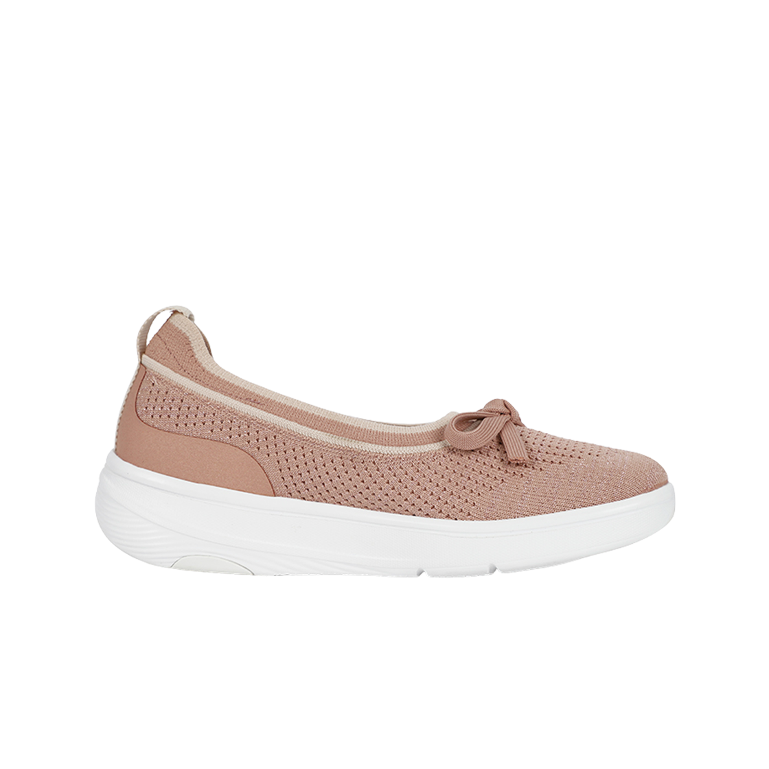 (W) 핏플랍 슈퍼 Q 보우 니트 발레 플랫 베이지 버프 로즈 골드((W) FITFLOP Super Q Bow Knit Ballet Flats Beige Buff Rose Gold)