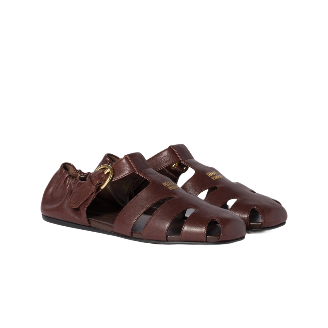 (W) 미우 미우 루슈 나파 레더 피셔맨 샌들 브라운((W) Miu Miu Ruches Nappa Leather Fisherman Sandals Brown) - 2