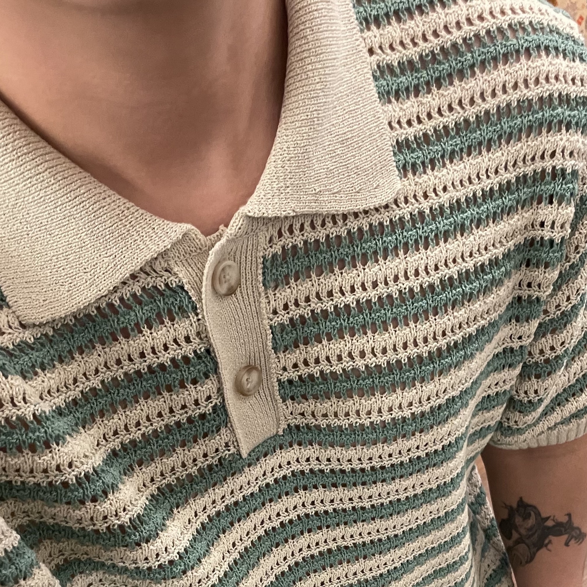 Series Crochet Stripe Half Sleeve Polo Sweater Mint 착용 스타일 - 2