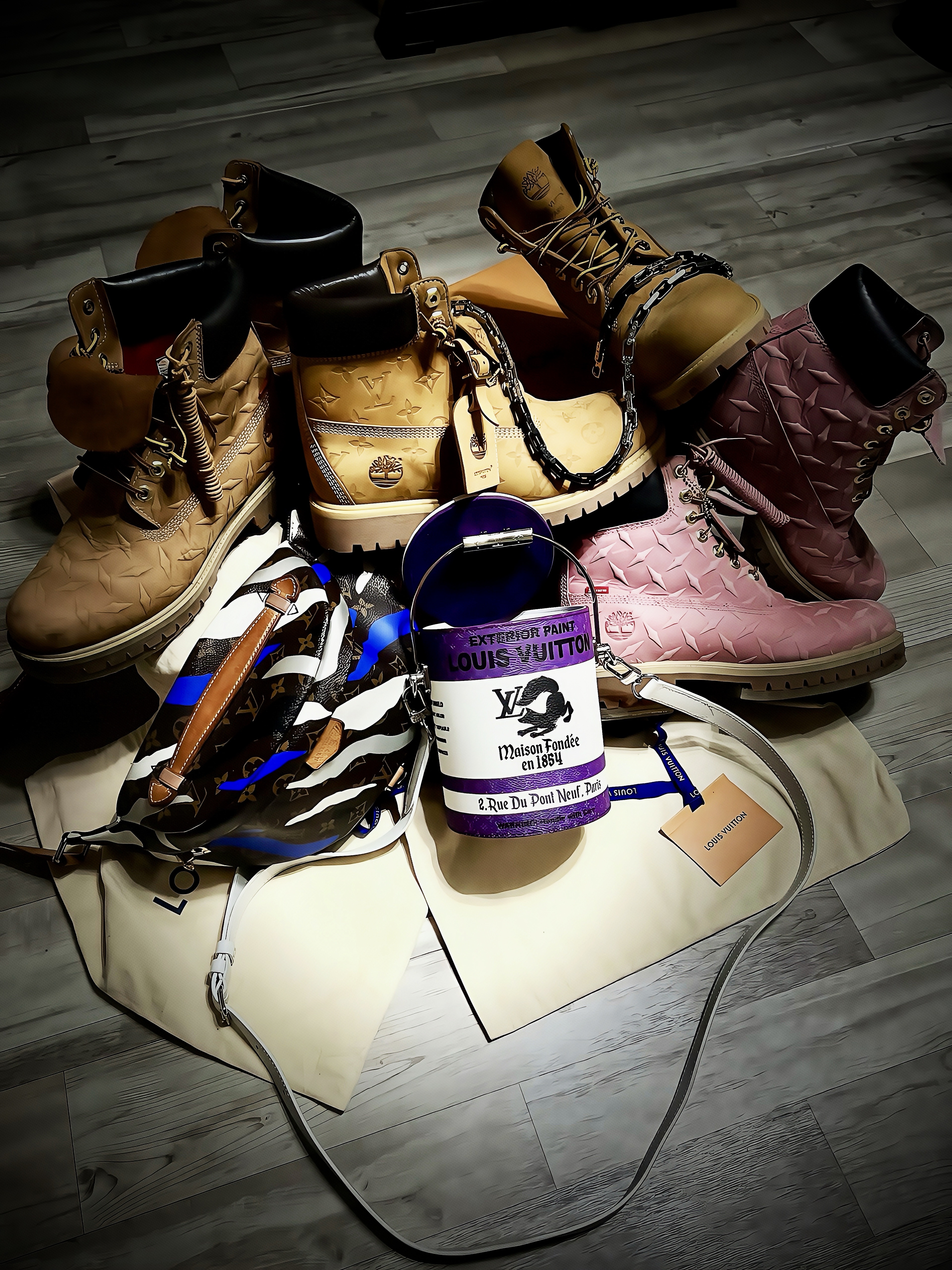 Louis Vuitton x Timberland 6 Inch Ankle Boot Beige, Timberland x Supreme Diamond Plate 6 Inch Premium Waterproof Boot Wheat - 23FW - Medium 착용 스타일 - 2