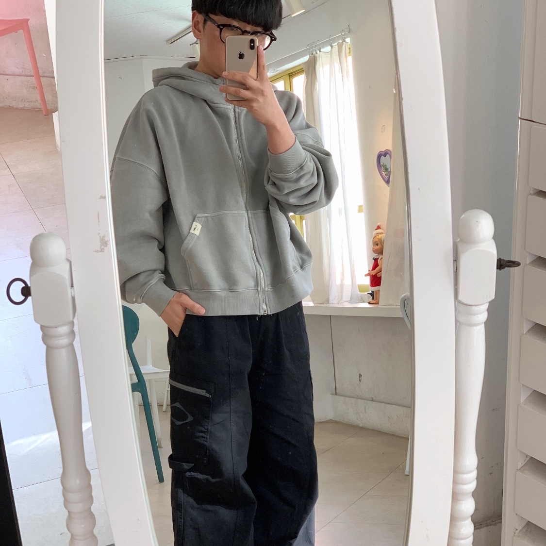 (W) Glowny G Classic Washed Boxy Zip-Up Gray, (W) Mischief Drawstring Pants Black 착용 스타일