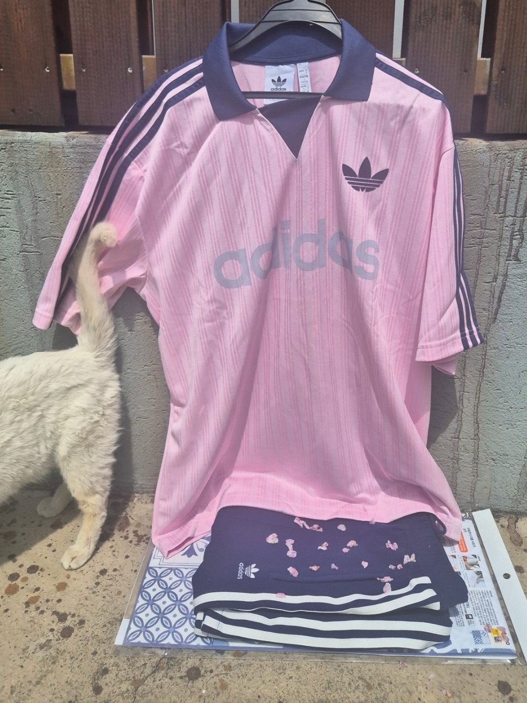 Adidas Originals Collared Goalie Top Clear Pink - KR Sizing, (W) Adidas Premium Originals Track Pants Navy - KR Sizing 착용 스타일