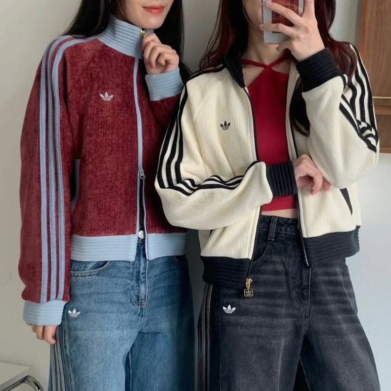 (W) Adidas Originals Year Of The Snake Retro Velvet Collared Track Top Dark Red - KR Sizing, Adidas Waffle Beckenbauer Track Top Wonder White - KR Sizing 착용 스타일 - 1