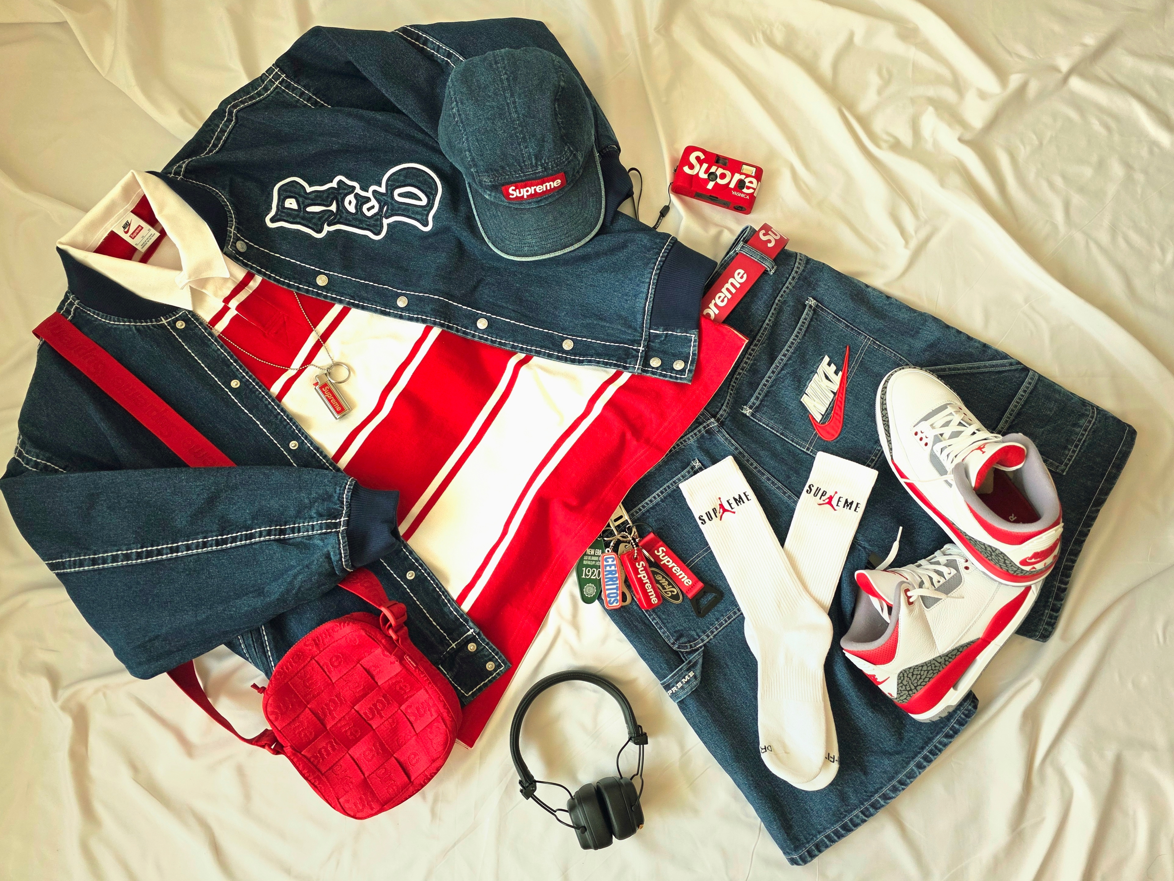 Supreme x Nike Stripe Rugby Red - 25SS, Supreme Washed Chino Twill Camp Cap Denim - 22FW 착용 스타일 - 2