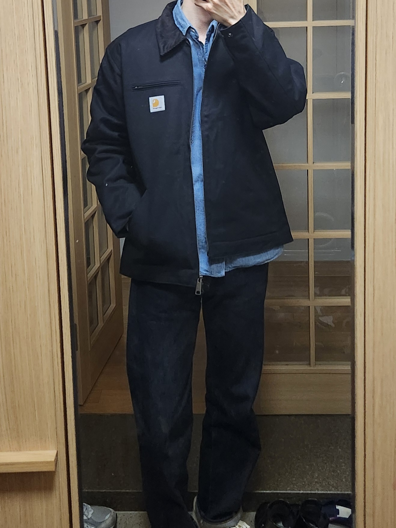 Carhartt WIP Lined Dearborn Canvas Detroit Jacket Black Rigid - Winter 착용 스타일